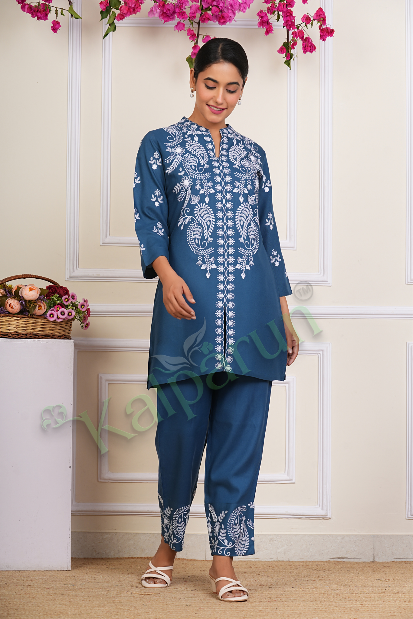 KALPARUN Women Co Ord Set | Women's Embroidered Tunic and cord Set, Rayon Ethnic Co Ord Set for Women | Teal Blue with White Floral Design, 3/4 Sleeve