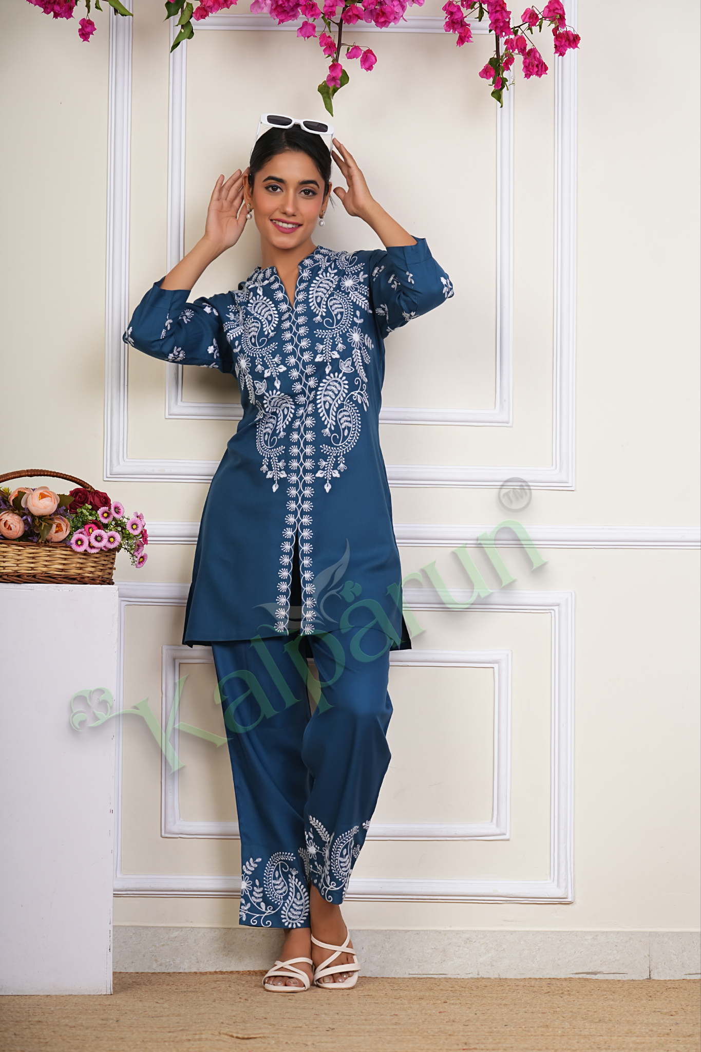 KALPARUN Women Co Ord Set | Women's Embroidered Tunic and cord Set, Rayon Ethnic Co Ord Set for Women | Teal Blue with White Floral Design, 3/4 Sleeve