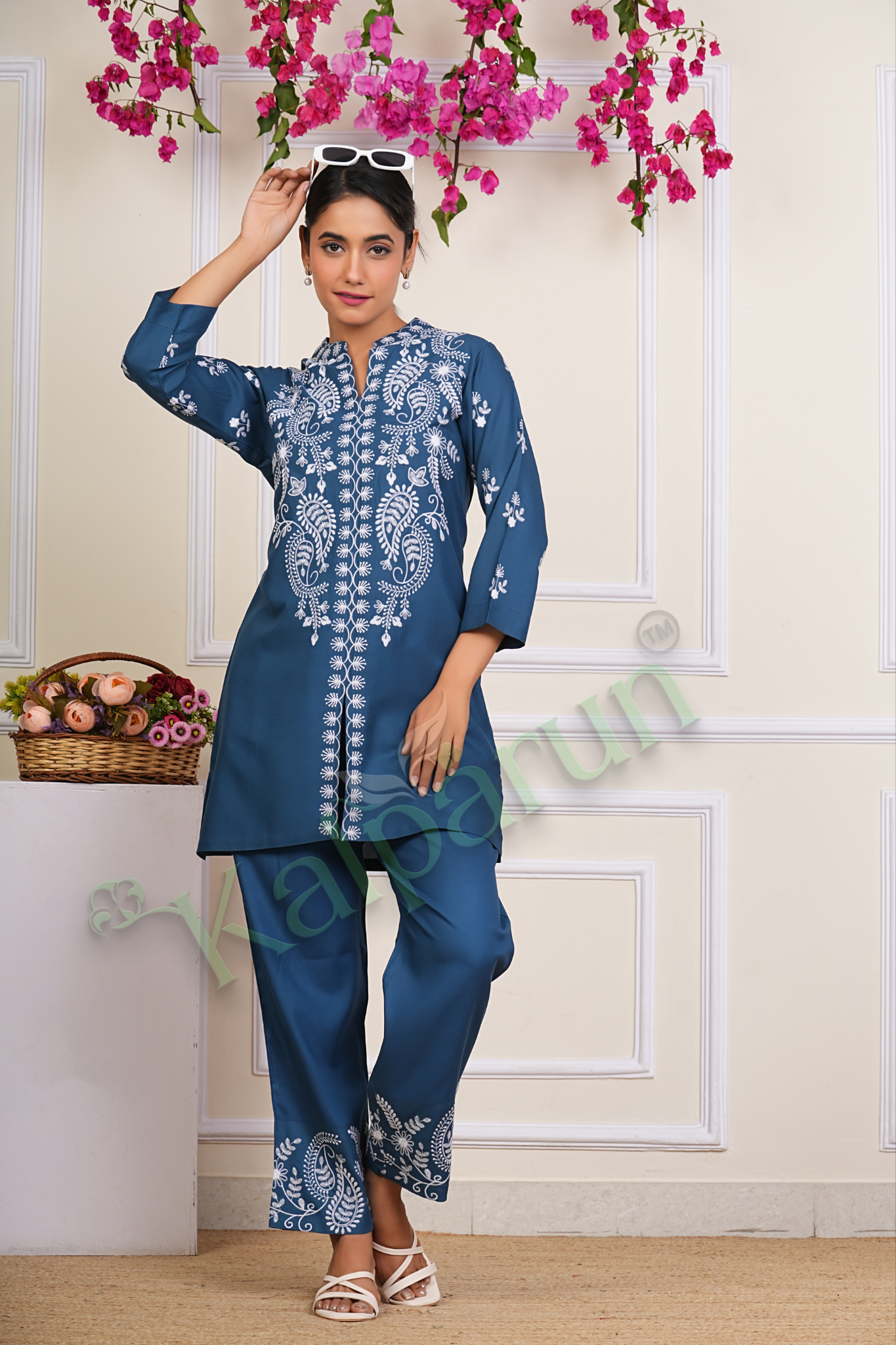 KALPARUN Women Co Ord Set | Women's Embroidered Tunic and cord Set, Rayon Ethnic Co Ord Set for Women | Teal Blue with White Floral Design, 3/4 Sleeve