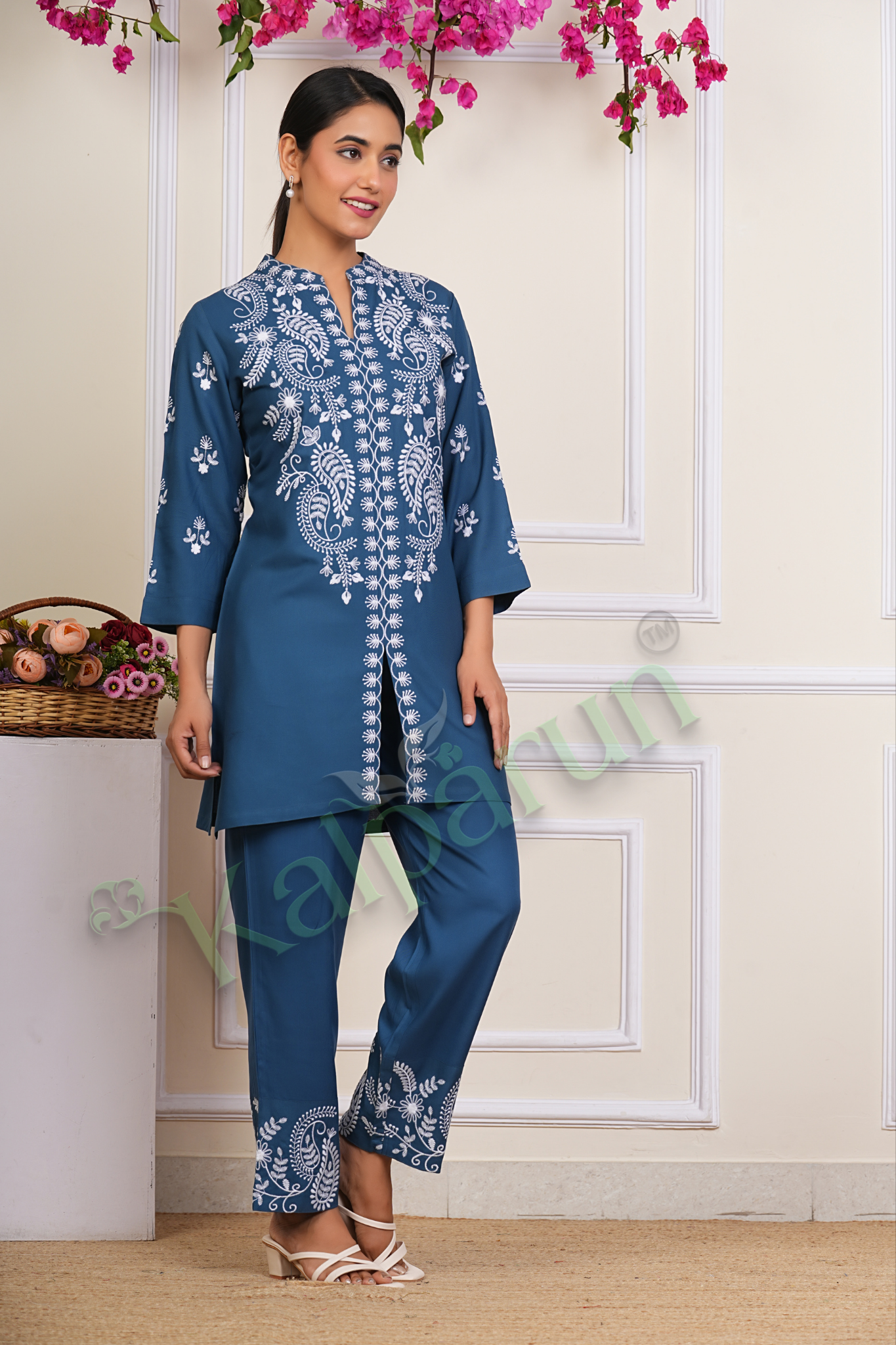 KALPARUN Women Co Ord Set | Women's Embroidered Tunic and cord Set, Rayon Ethnic Co Ord Set for Women | Teal Blue with White Floral Design, 3/4 Sleeve