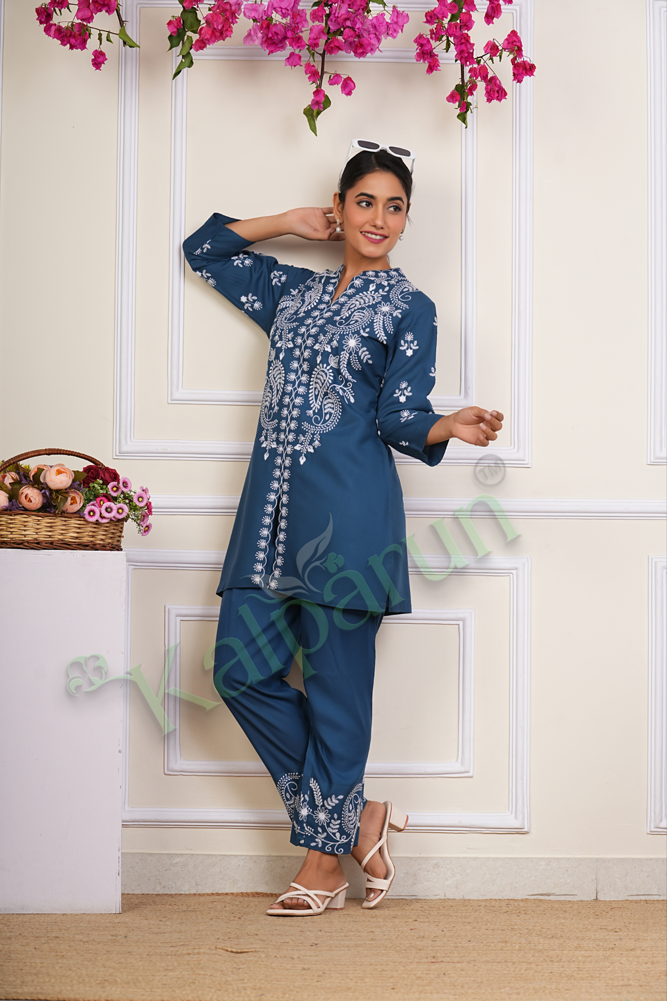 KALPARUN Women Co Ord Set | Women's Embroidered Tunic and cord Set, Rayon Ethnic Co Ord Set for Women | Teal Blue with White Floral Design, 3/4 Sleeve