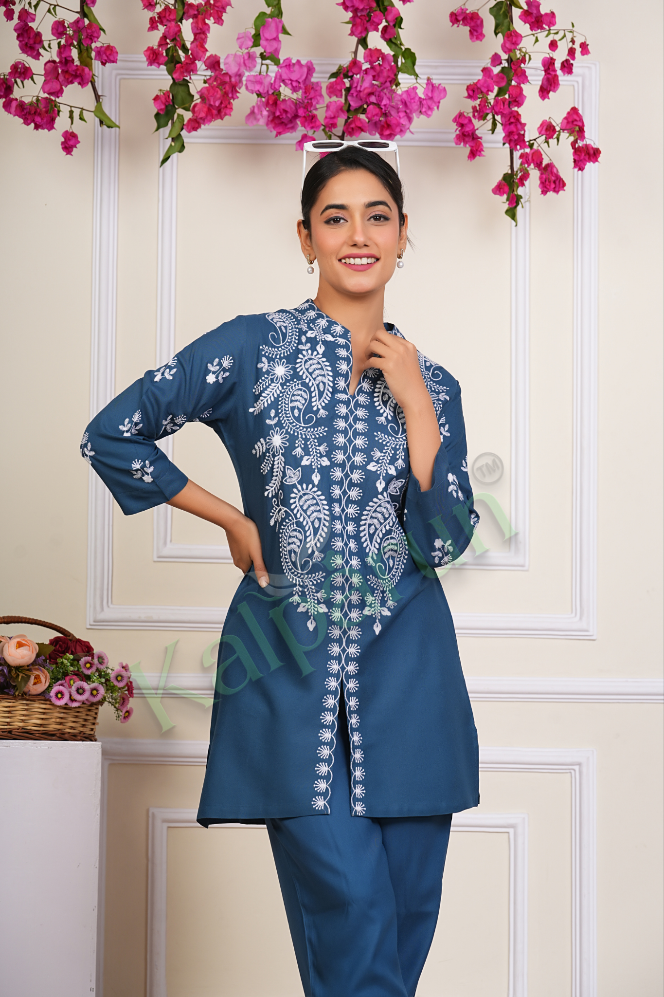 KALPARUN Women Co Ord Set | Women's Embroidered Tunic and cord Set, Rayon Ethnic Co Ord Set for Women | Teal Blue with White Floral Design, 3/4 Sleeve