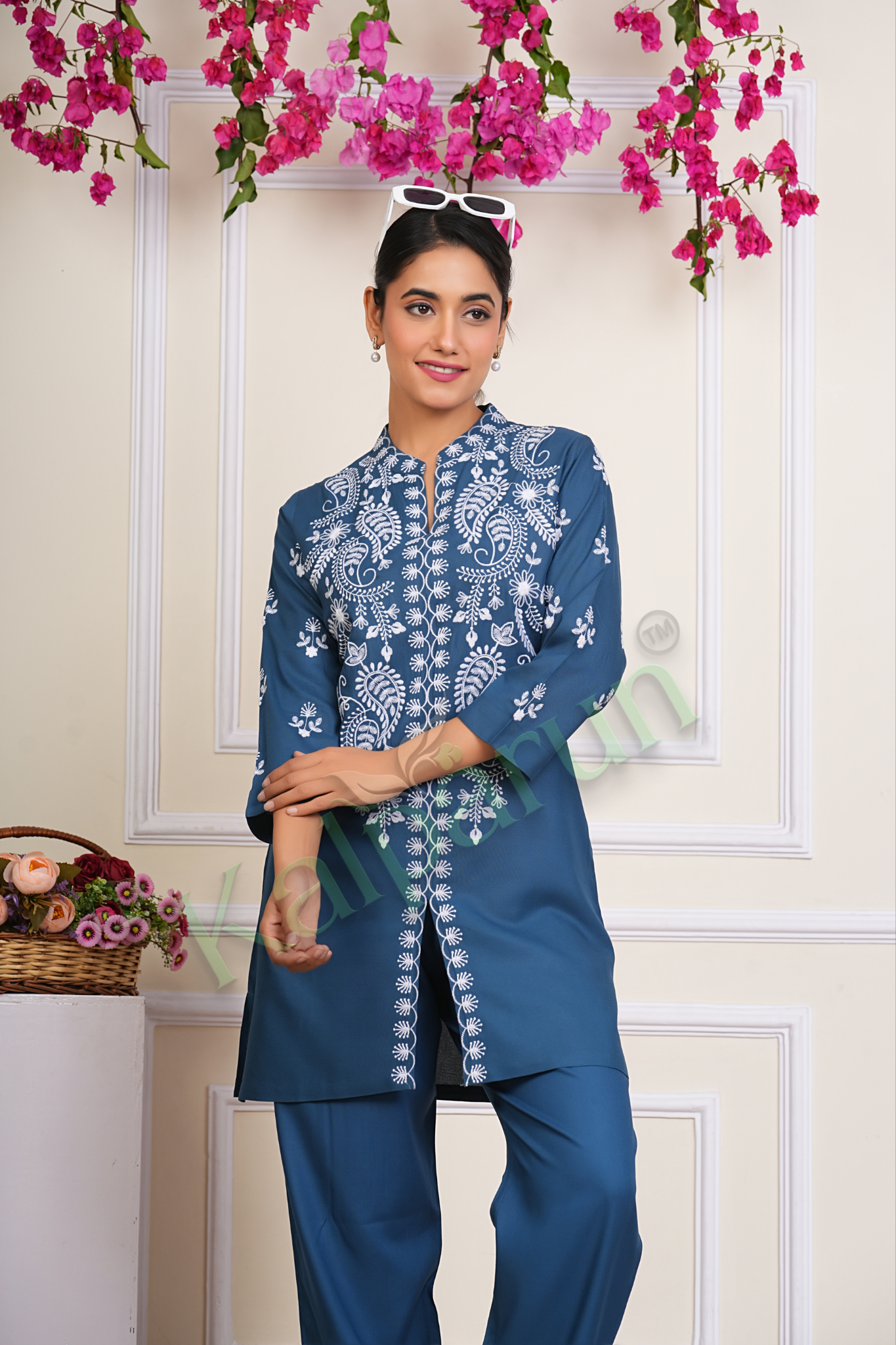KALPARUN Women Co Ord Set | Women's Embroidered Tunic and cord Set, Rayon Ethnic Co Ord Set for Women | Teal Blue with White Floral Design, 3/4 Sleeve