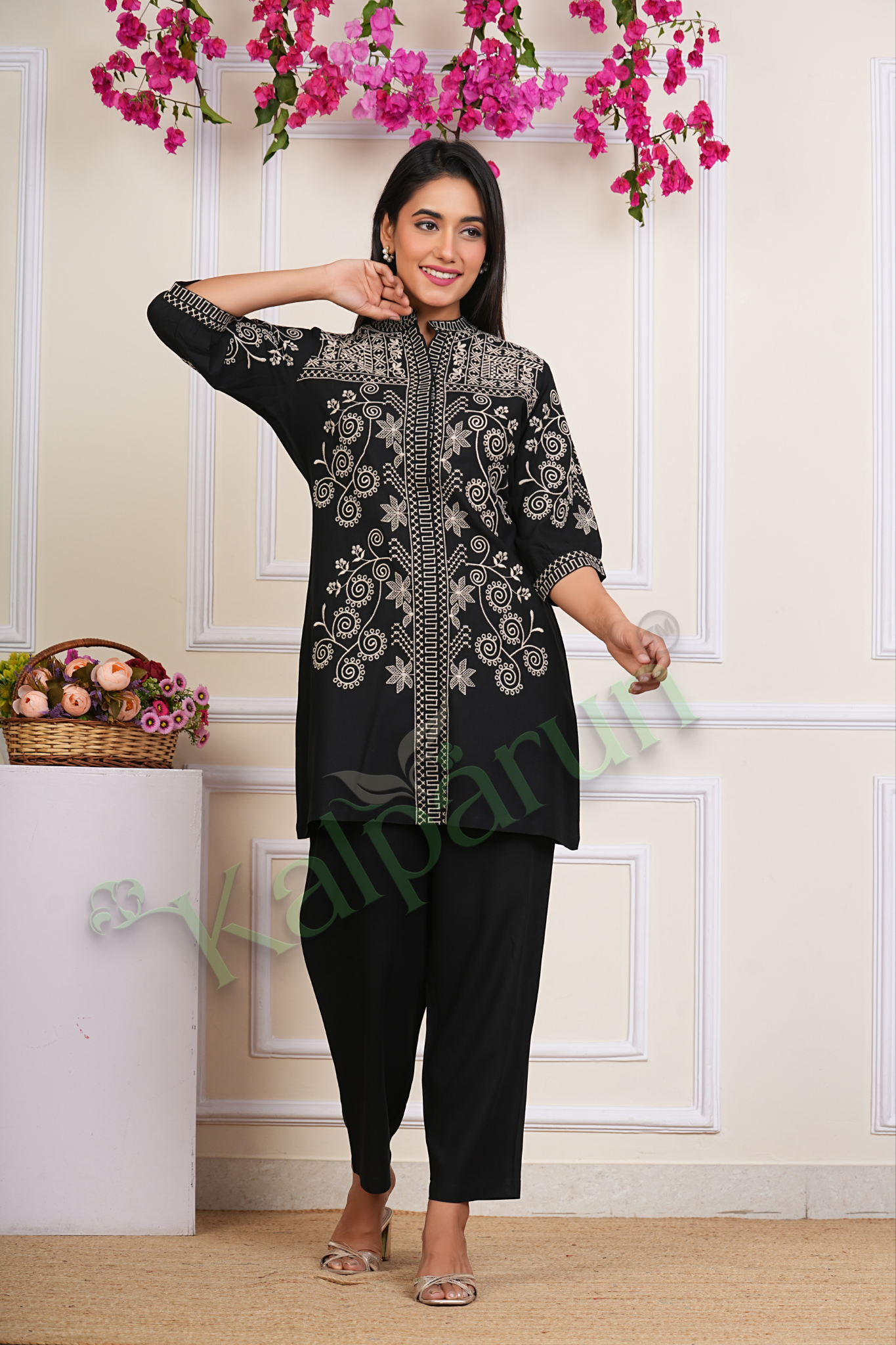 KALPARUN Women Co Ord Set | Women's Embroidered Tunic and cord Set, Ethnic Co Ord Set for Women | Black with White Floral Design, 3/4 Sleeve