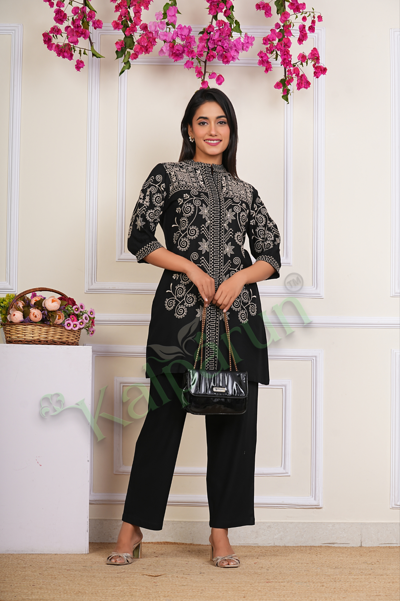 KALPARUN Women Co Ord Set | Women's Embroidered Tunic and cord Set, Ethnic Co Ord Set for Women | Black with White Floral Design, 3/4 Sleeve