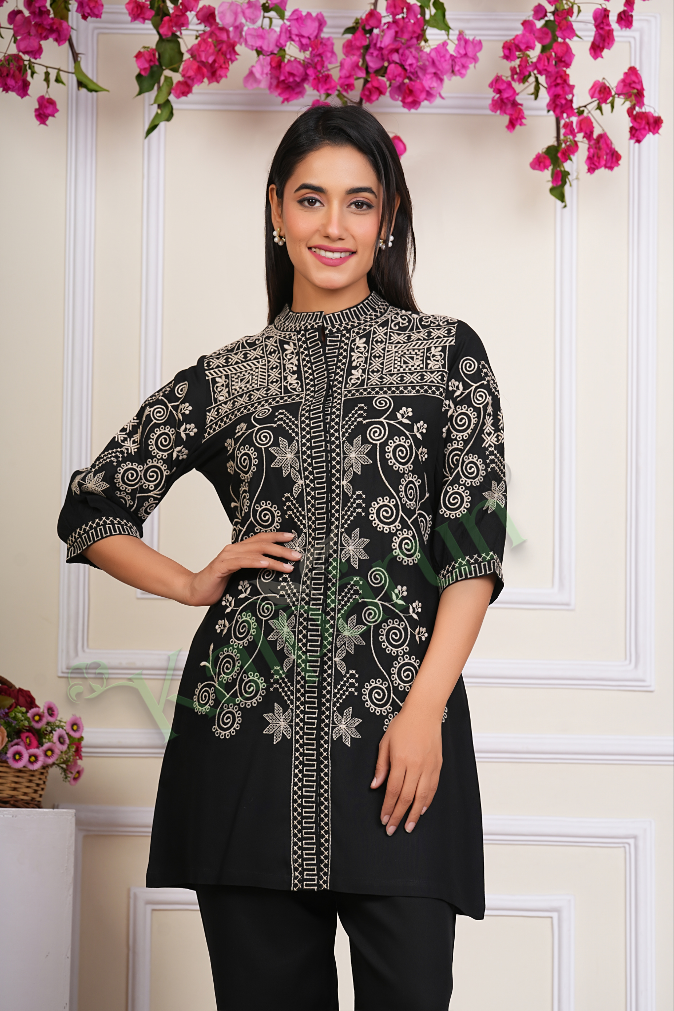 KALPARUN Women Co Ord Set | Women's Embroidered Tunic and cord Set, Ethnic Co Ord Set for Women | Black with White Floral Design, 3/4 Sleeve