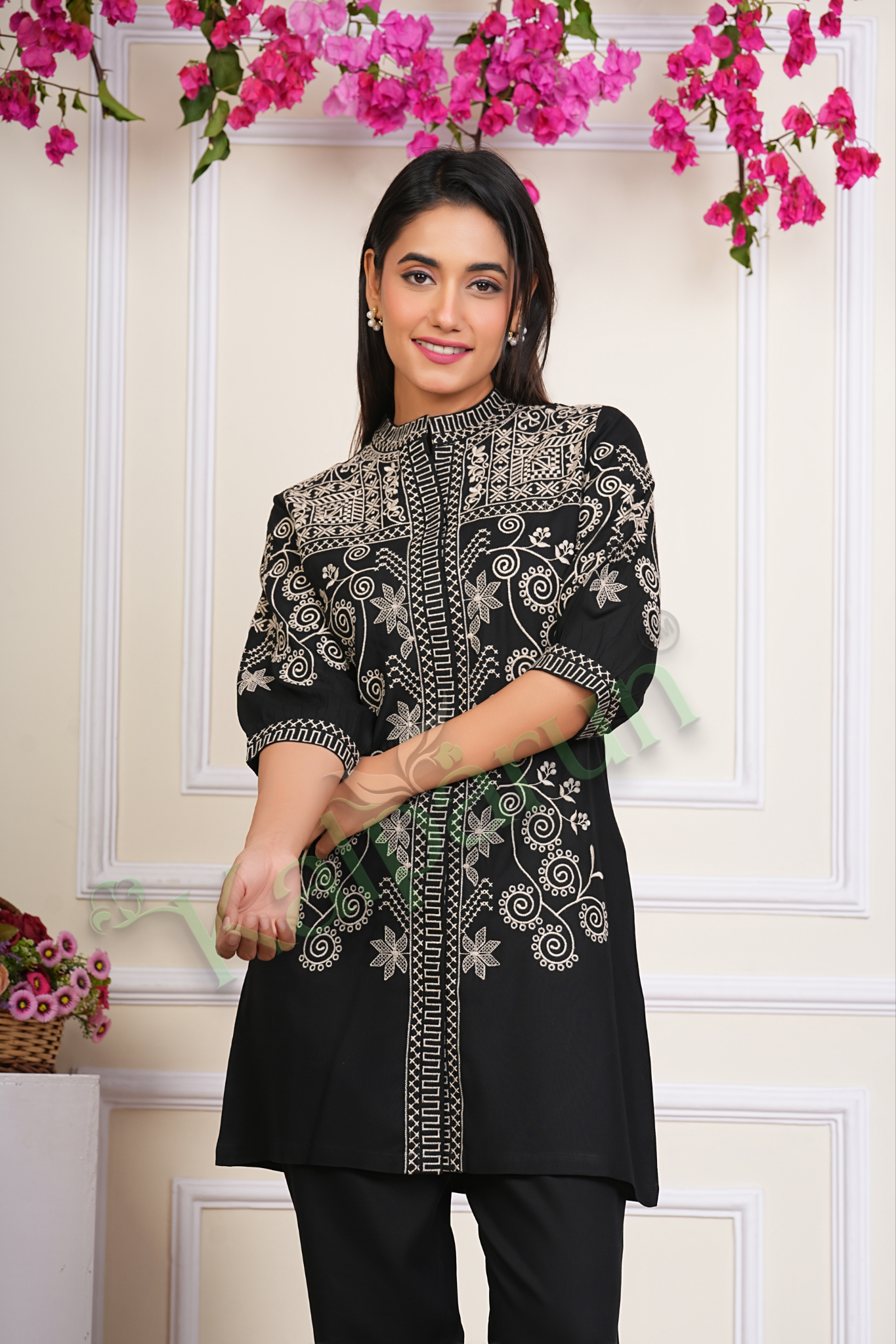 KALPARUN Women Co Ord Set | Women's Embroidered Tunic and cord Set, Ethnic Co Ord Set for Women | Black with White Floral Design, 3/4 Sleeve