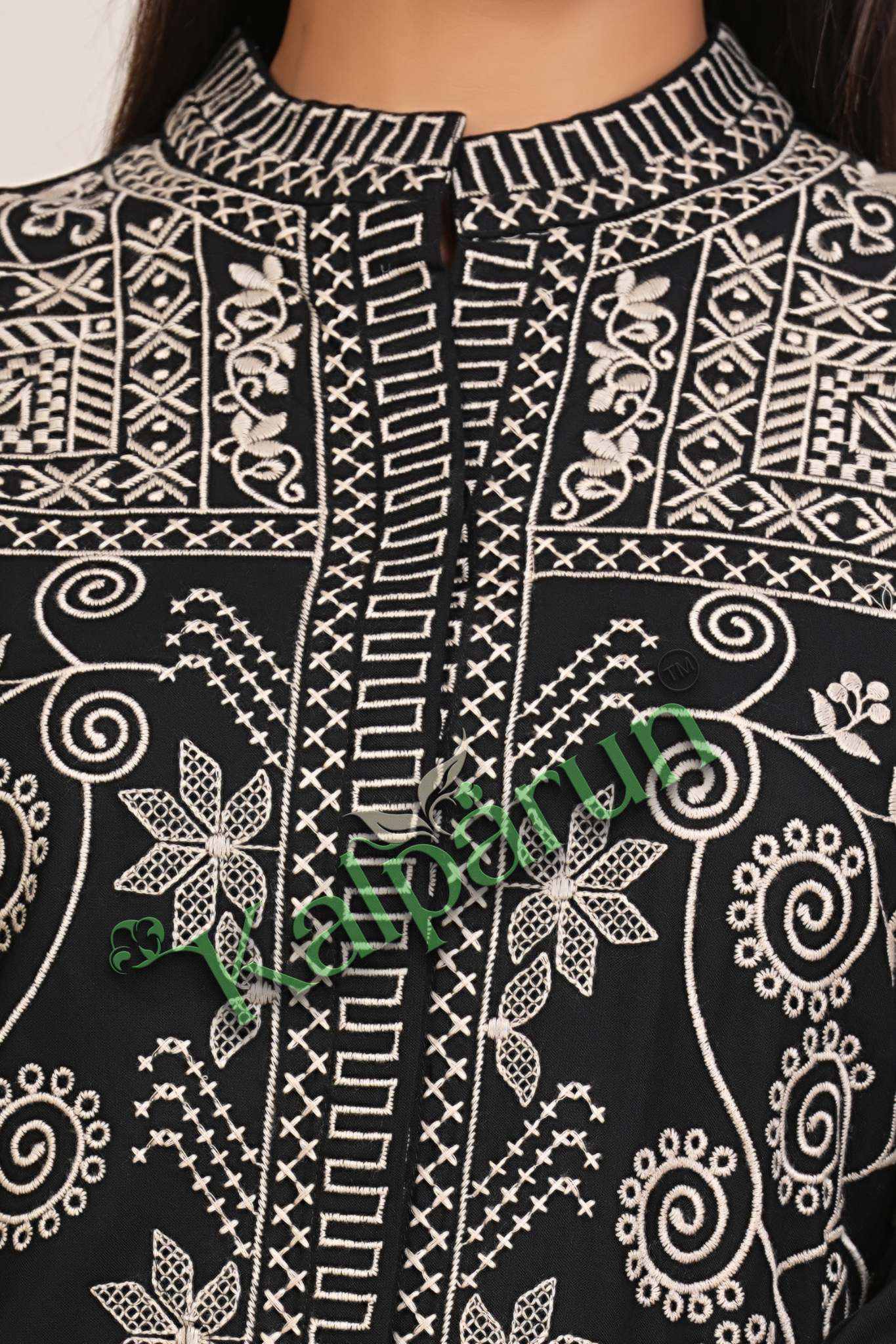 KALPARUN Women Co Ord Set | Women's Embroidered Tunic and cord Set, Ethnic Co Ord Set for Women | Black with White Floral Design, 3/4 Sleeve