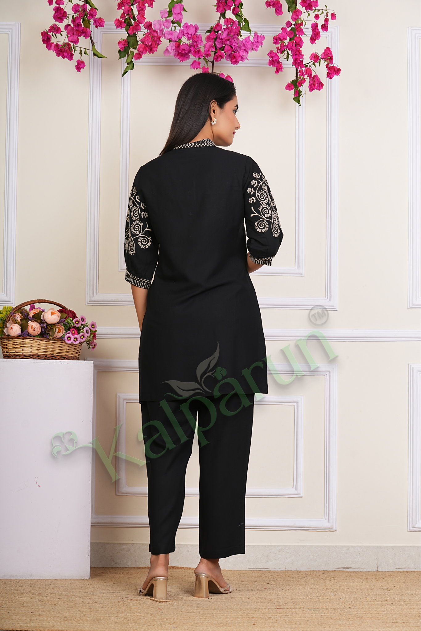KALPARUN Women Co Ord Set | Women's Embroidered Tunic and cord Set, Ethnic Co Ord Set for Women | Black with White Floral Design, 3/4 Sleeve