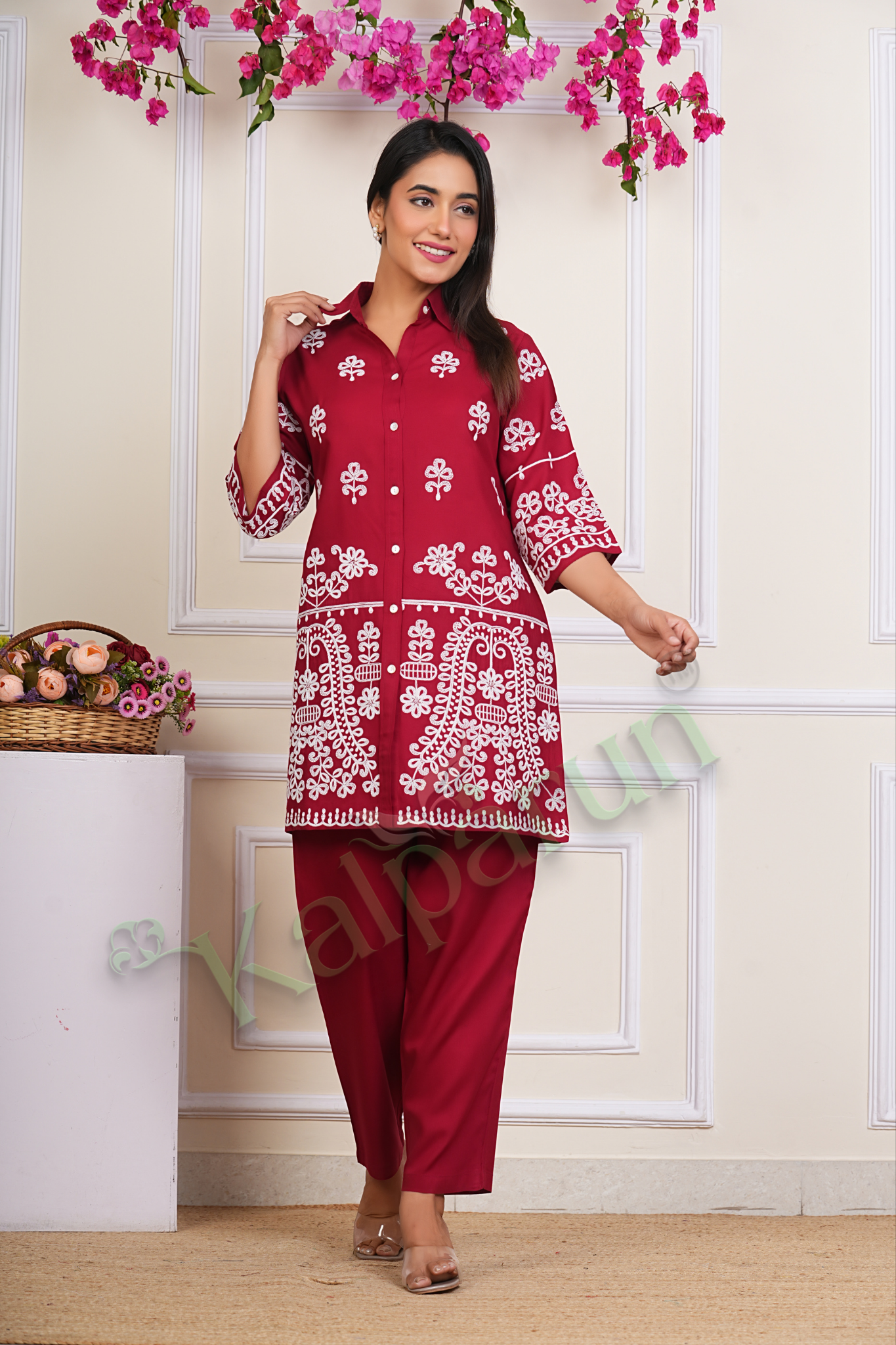 KALPARUN Women's Floral Embroidered Kurta Set, Red Cotton with White Thread Work, 3/4 Sleeve Button-Down Top with Pants