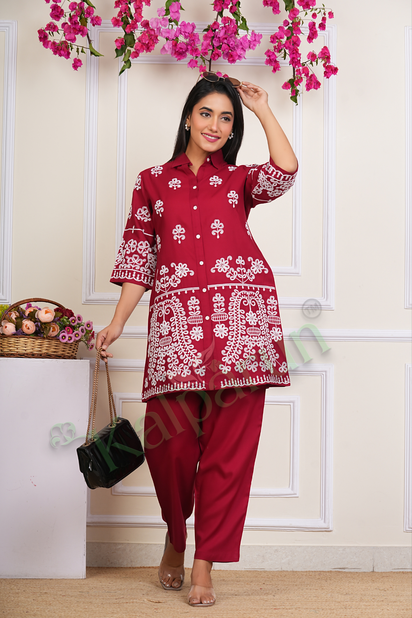 KALPARUN Women's Floral Embroidered Kurta Set, Red Cotton with White Thread Work, 3/4 Sleeve Button-Down Top with Pants