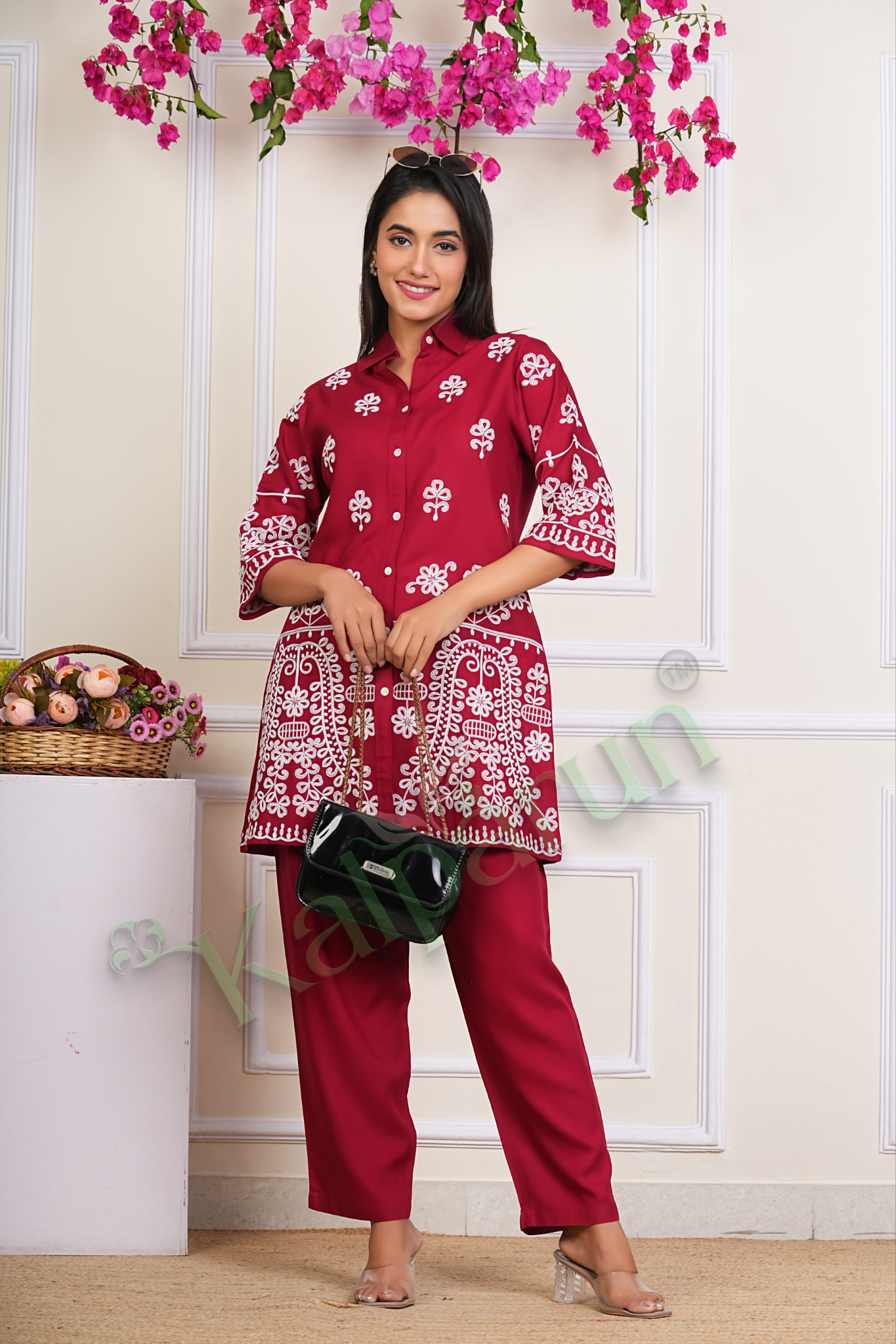 KALPARUN Women's Floral Embroidered Kurta Set, Red Cotton with White Thread Work, 3/4 Sleeve Button-Down Top with Pants