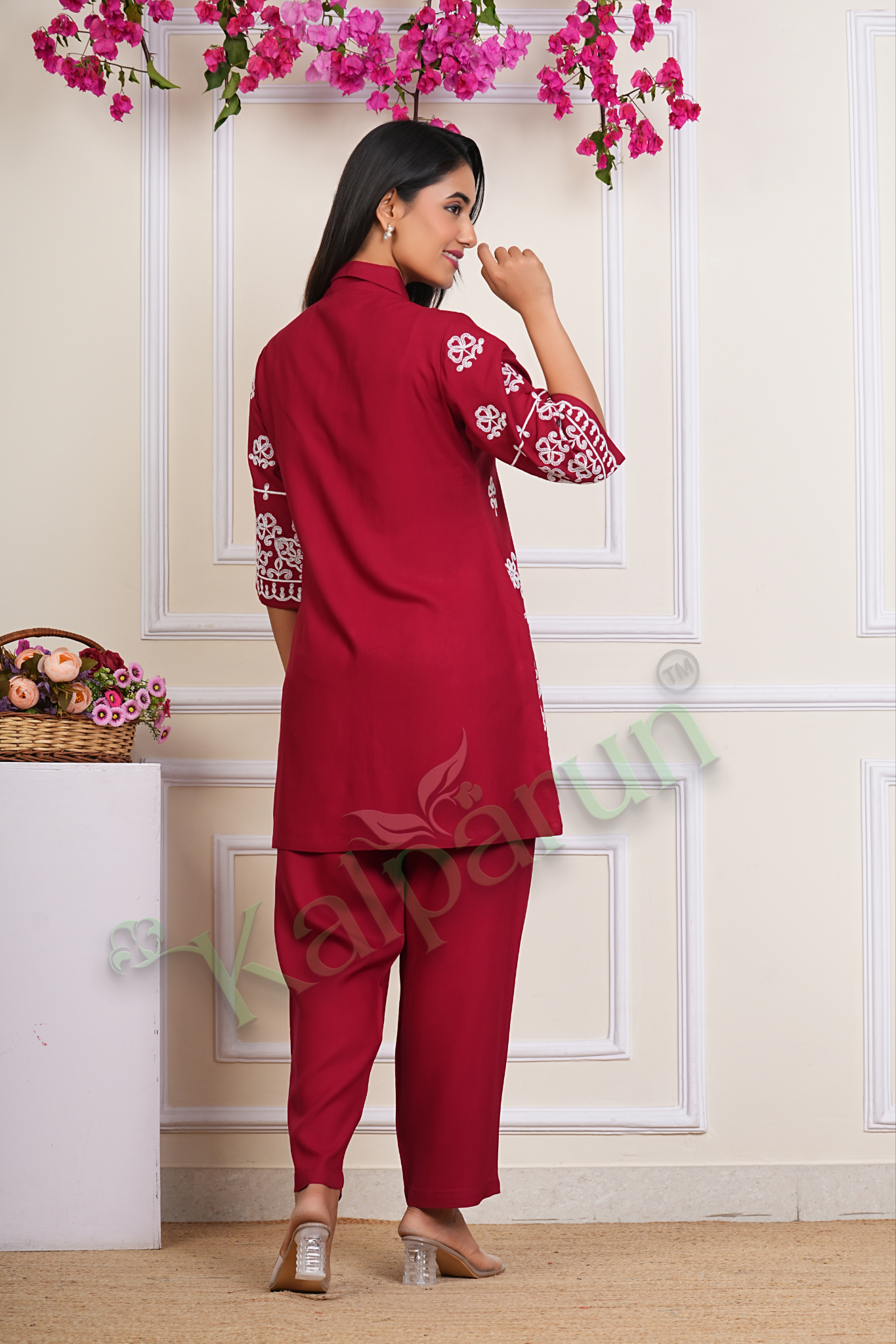 KALPARUN Women's Floral Embroidered Kurta Set, Red Cotton with White Thread Work, 3/4 Sleeve Button-Down Top with Pants