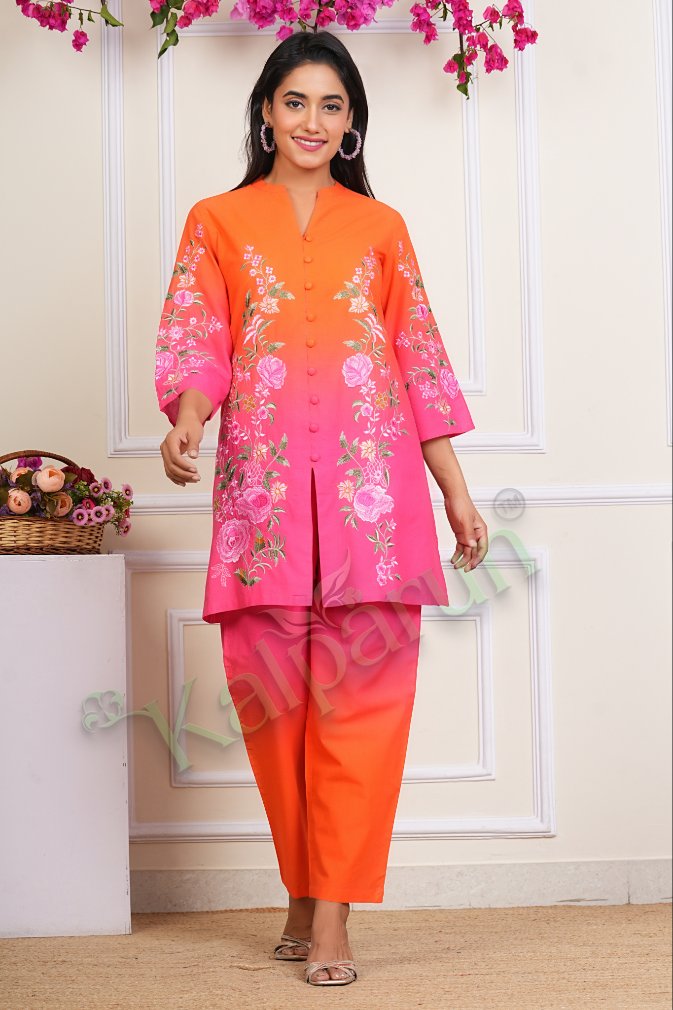KALPARUN Women's Ombre Floral Embroidered Kurta Set, Orange-Pink Cotton, 3/4 Sleeve Button-Down Top with Pants