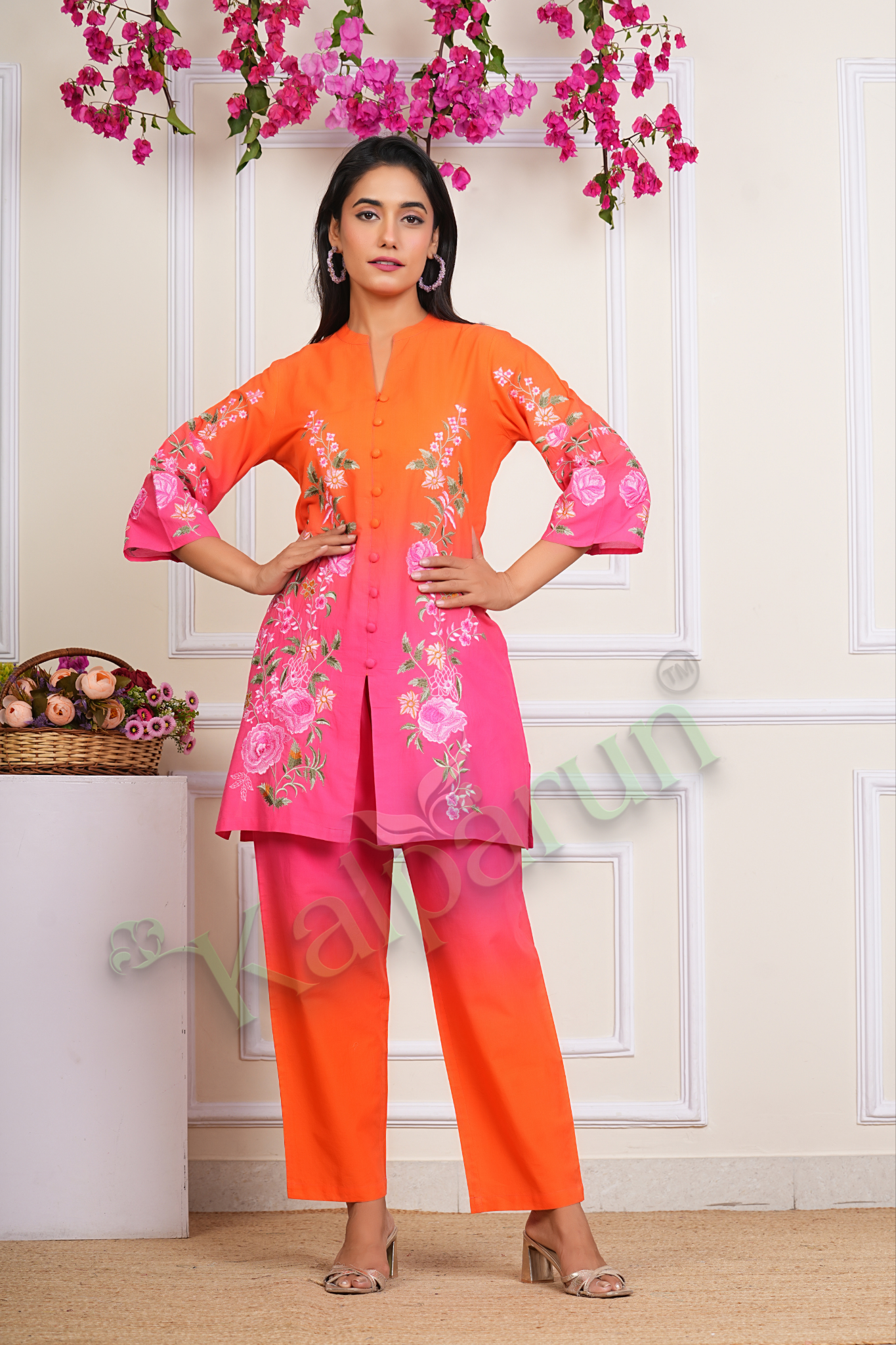 KALPARUN Women's Ombre Floral Embroidered Kurta Set, Orange-Pink Cotton, 3/4 Sleeve Button-Down Top with Pants