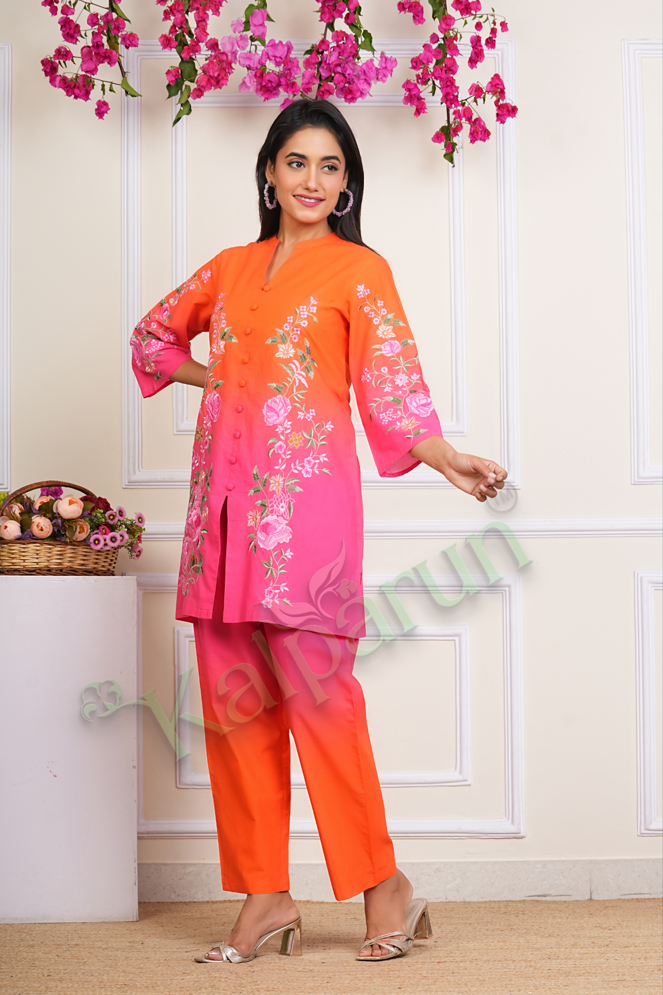 KALPARUN Women's Ombre Floral Embroidered Kurta Set, Orange-Pink Cotton, 3/4 Sleeve Button-Down Top with Pants