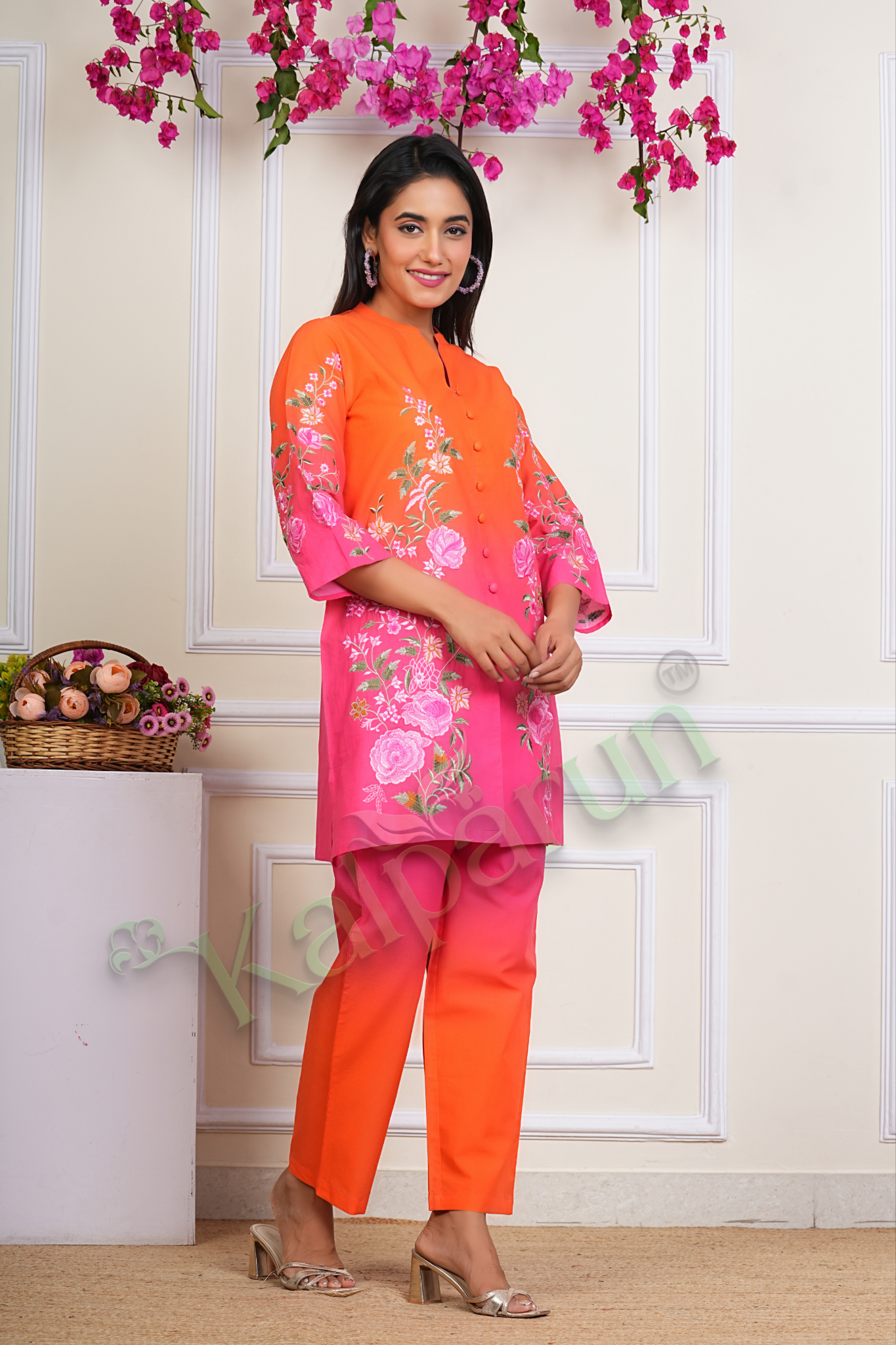 KALPARUN Women's Ombre Floral Embroidered Kurta Set, Orange-Pink Cotton, 3/4 Sleeve Button-Down Top with Pants