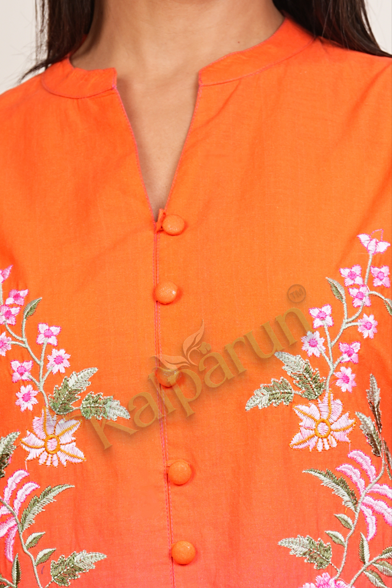 KALPARUN Women's Ombre Floral Embroidered Kurta Set, Orange-Pink Cotton, 3/4 Sleeve Button-Down Top with Pants