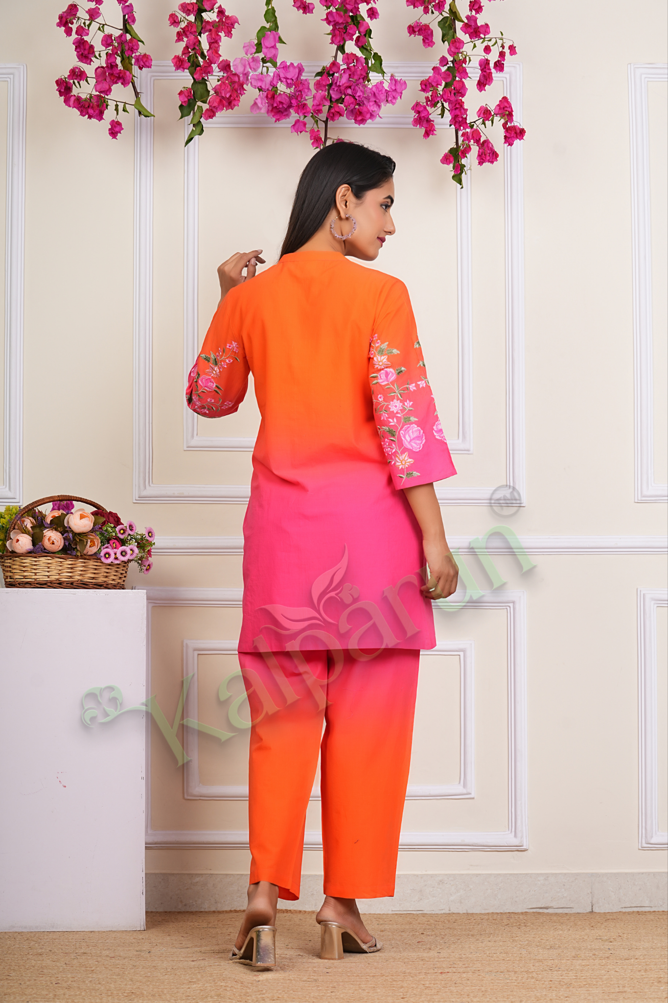 KALPARUN Women's Ombre Floral Embroidered Kurta Set, Orange-Pink Cotton, 3/4 Sleeve Button-Down Top with Pants