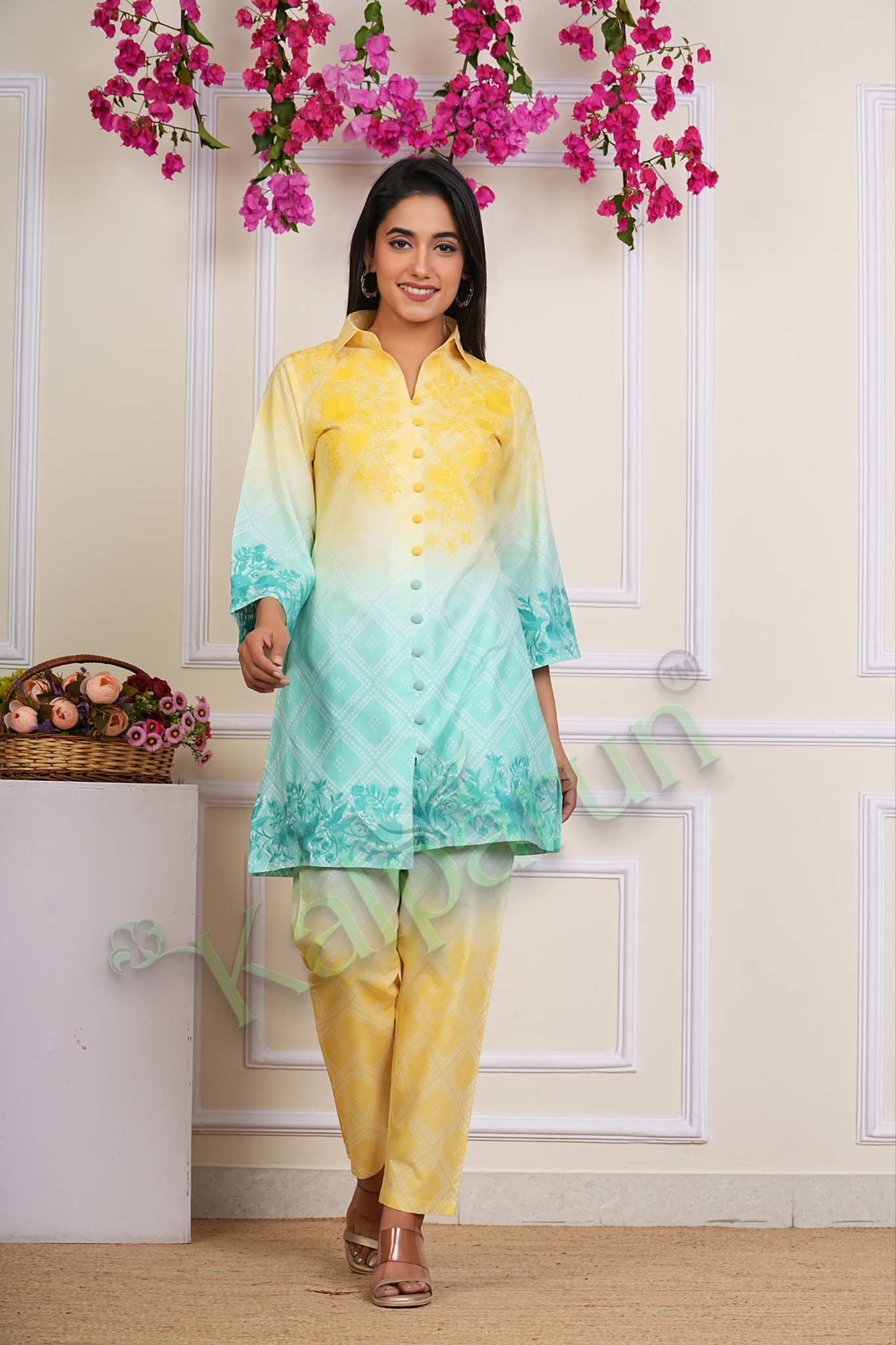 KALPARUN Women's Ombre Kurta Pant Set, Yellow to Mint Green, Floral Embroidered Button-Down Cotton Suit