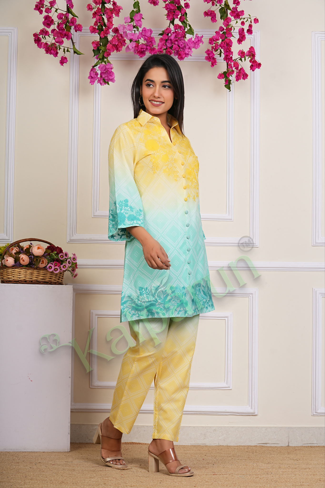 KALPARUN Women's Ombre Kurta Pant Set, Yellow to Mint Green, Floral Embroidered Button-Down Cotton Suit