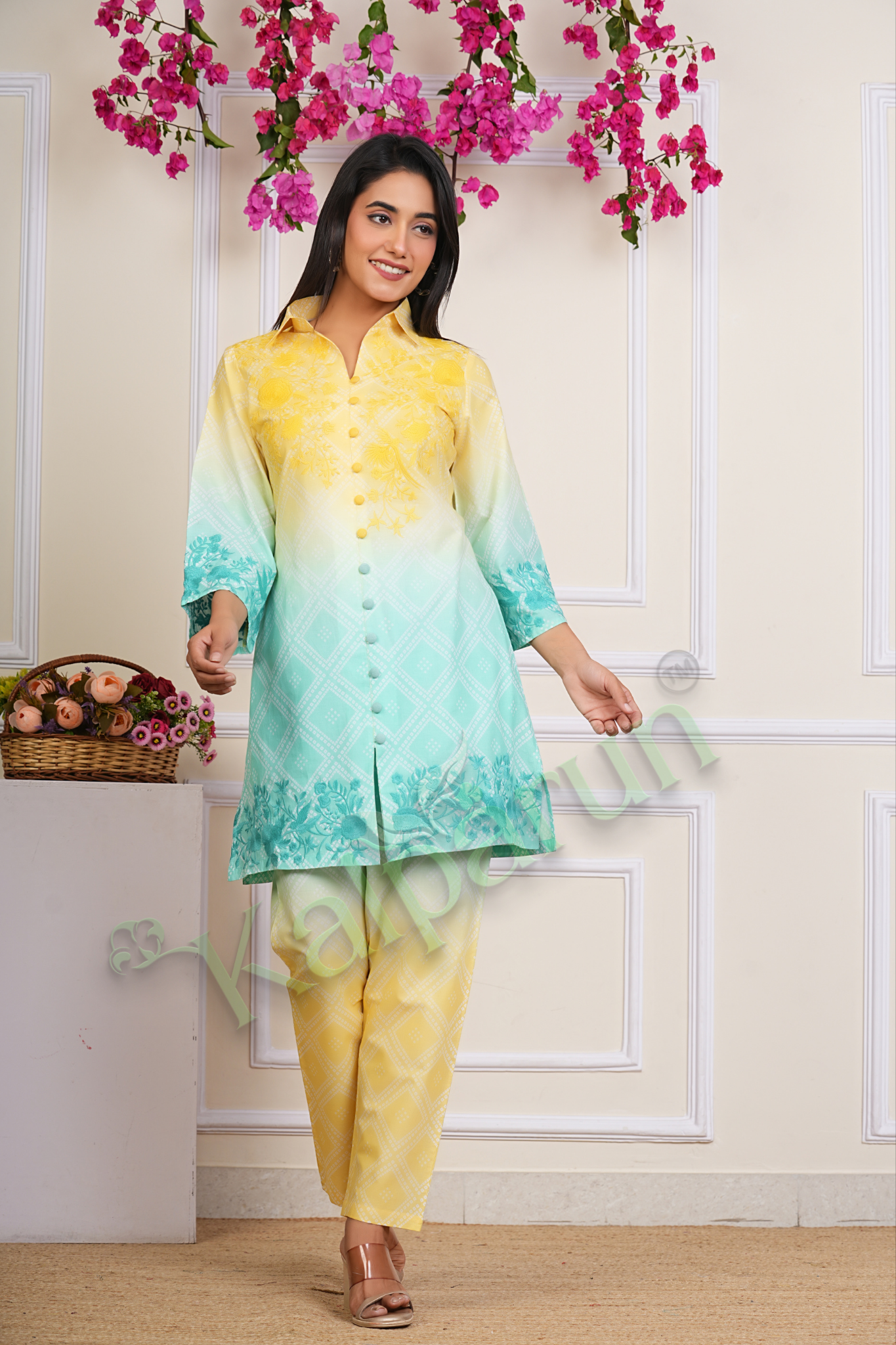 KALPARUN Women's Ombre Kurta Pant Set, Yellow to Mint Green, Floral Embroidered Button-Down Cotton Suit