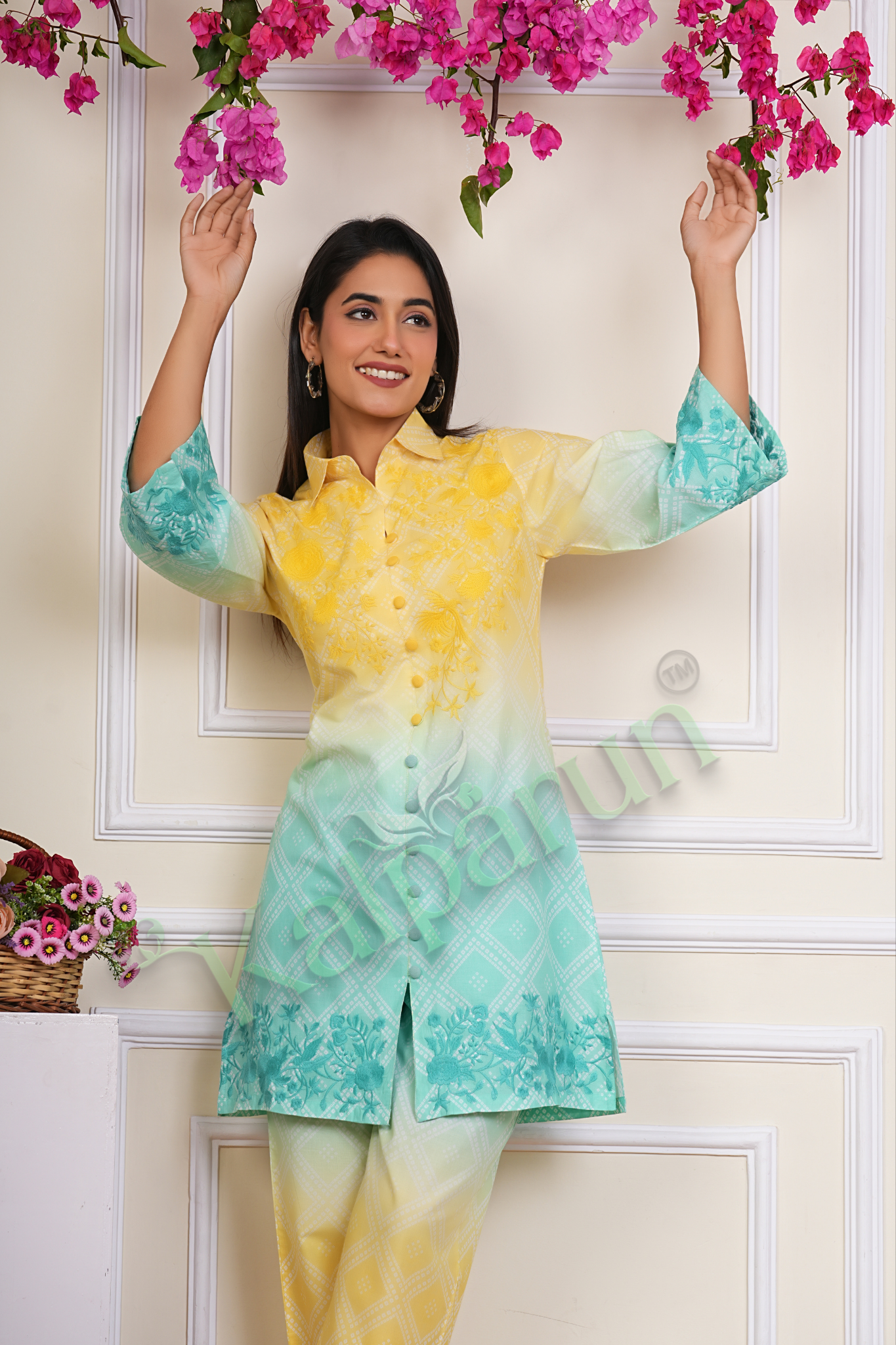 KALPARUN Women's Ombre Kurta Pant Set, Yellow to Mint Green, Floral Embroidered Button-Down Cotton Suit