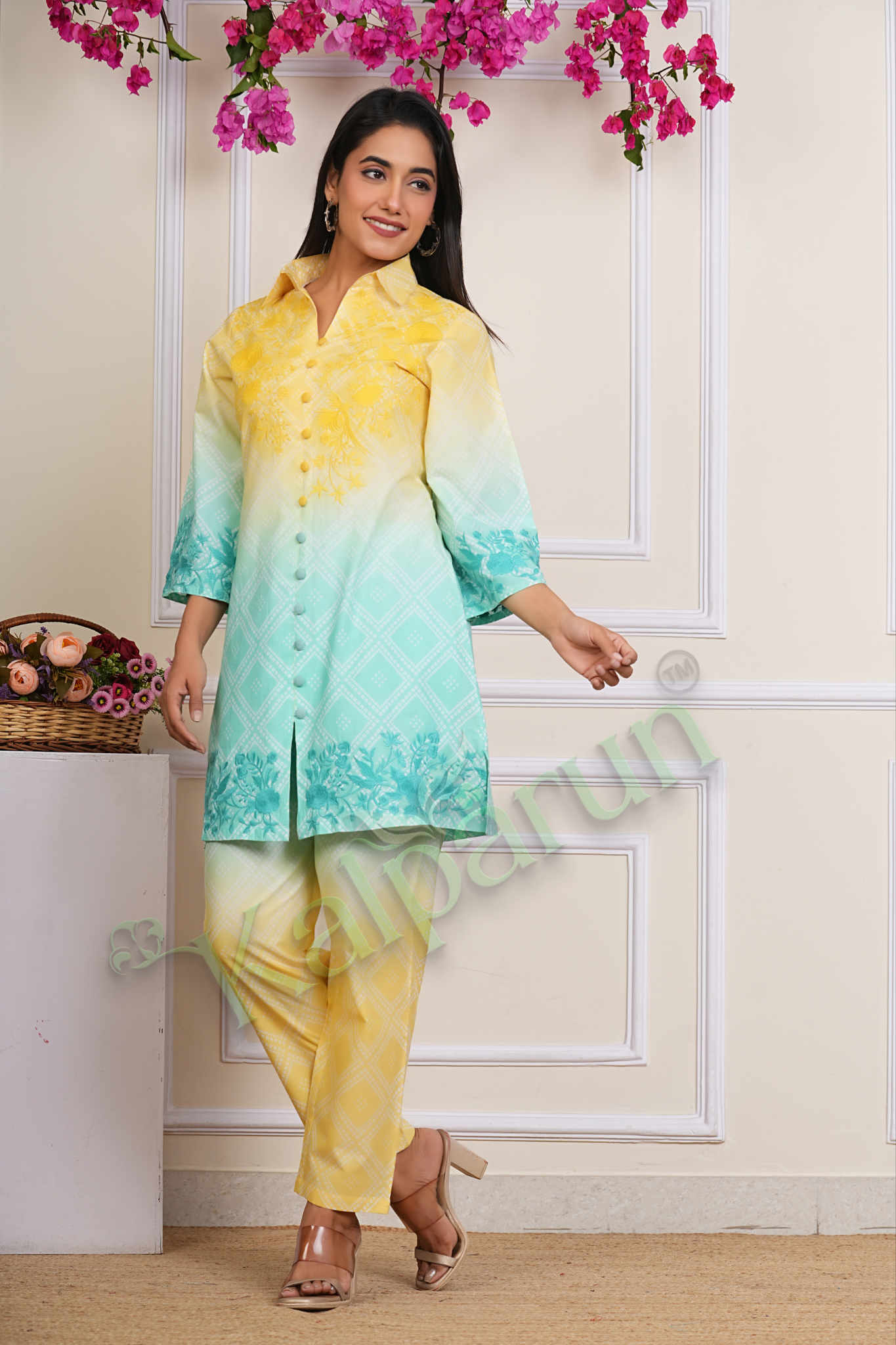 KALPARUN Women's Ombre Kurta Pant Set, Yellow to Mint Green, Floral Embroidered Button-Down Cotton Suit