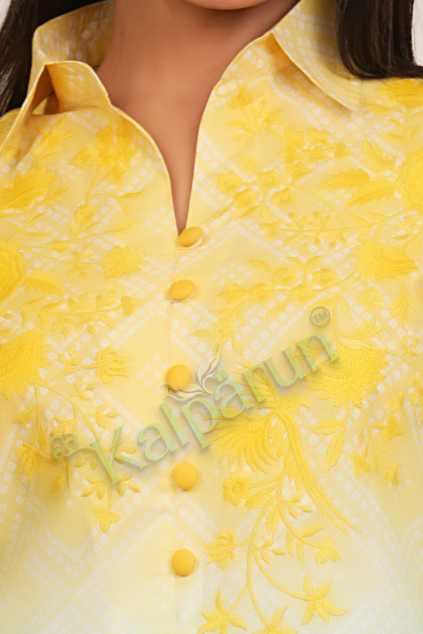 KALPARUN Women's Ombre Kurta Pant Set, Yellow to Mint Green, Floral Embroidered Button-Down Cotton Suit