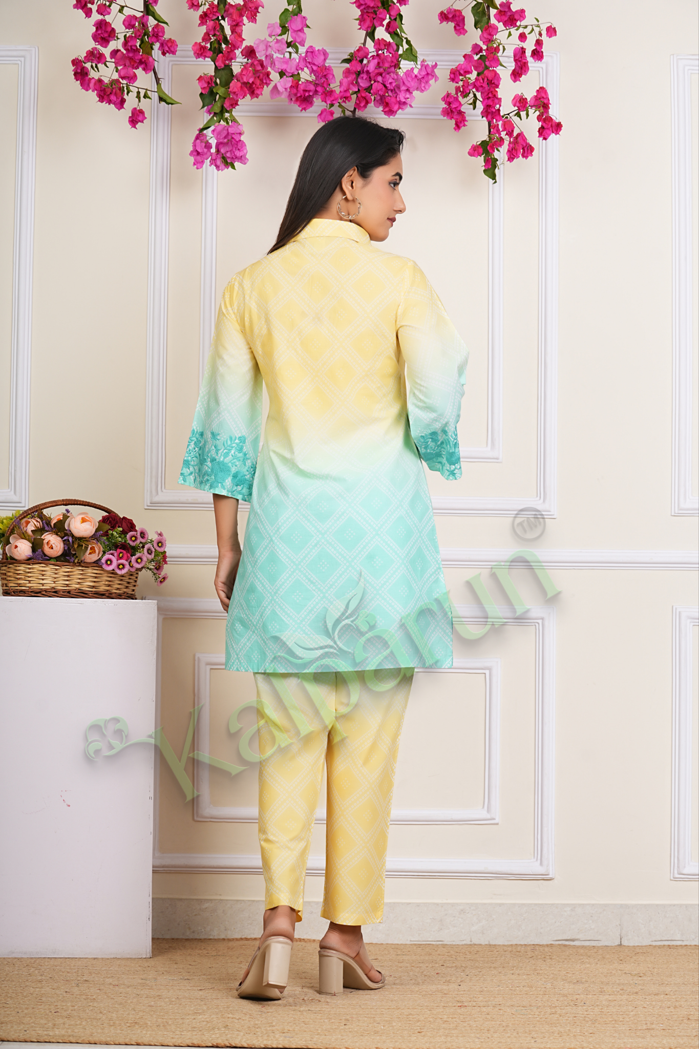 KALPARUN Women's Ombre Kurta Pant Set, Yellow to Mint Green, Floral Embroidered Button-Down Cotton Suit