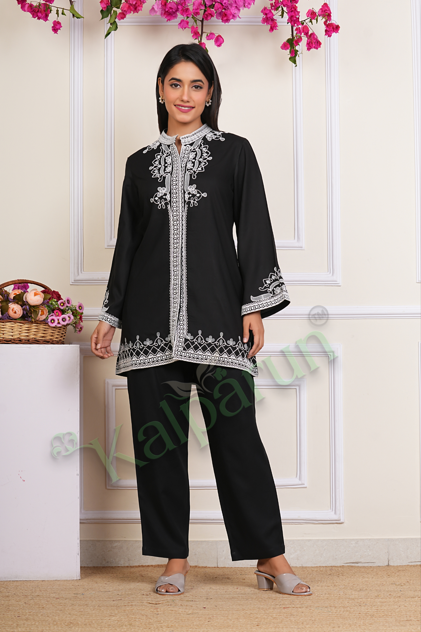 KALPARUN Women's Traditional Black Kurti Set with White Embroidery, Long Sleeve Mandarin Collar, Ethnic Wear