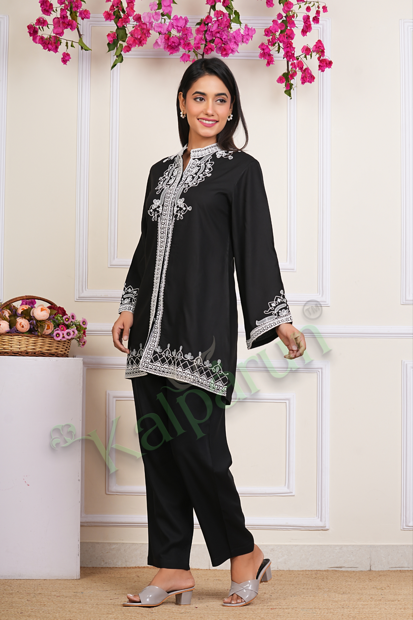 KALPARUN Women's Traditional Black Kurti Set with White Embroidery, Long Sleeve Mandarin Collar, Ethnic Wear