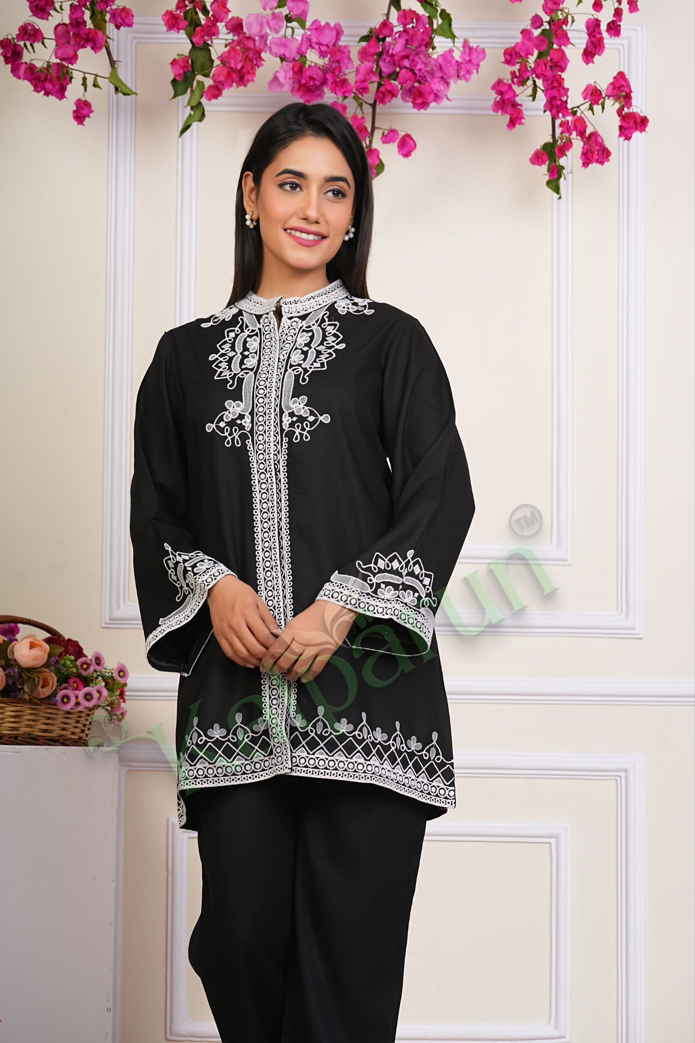 KALPARUN Women's Traditional Black Kurti Set with White Embroidery, Long Sleeve Mandarin Collar, Ethnic Wear