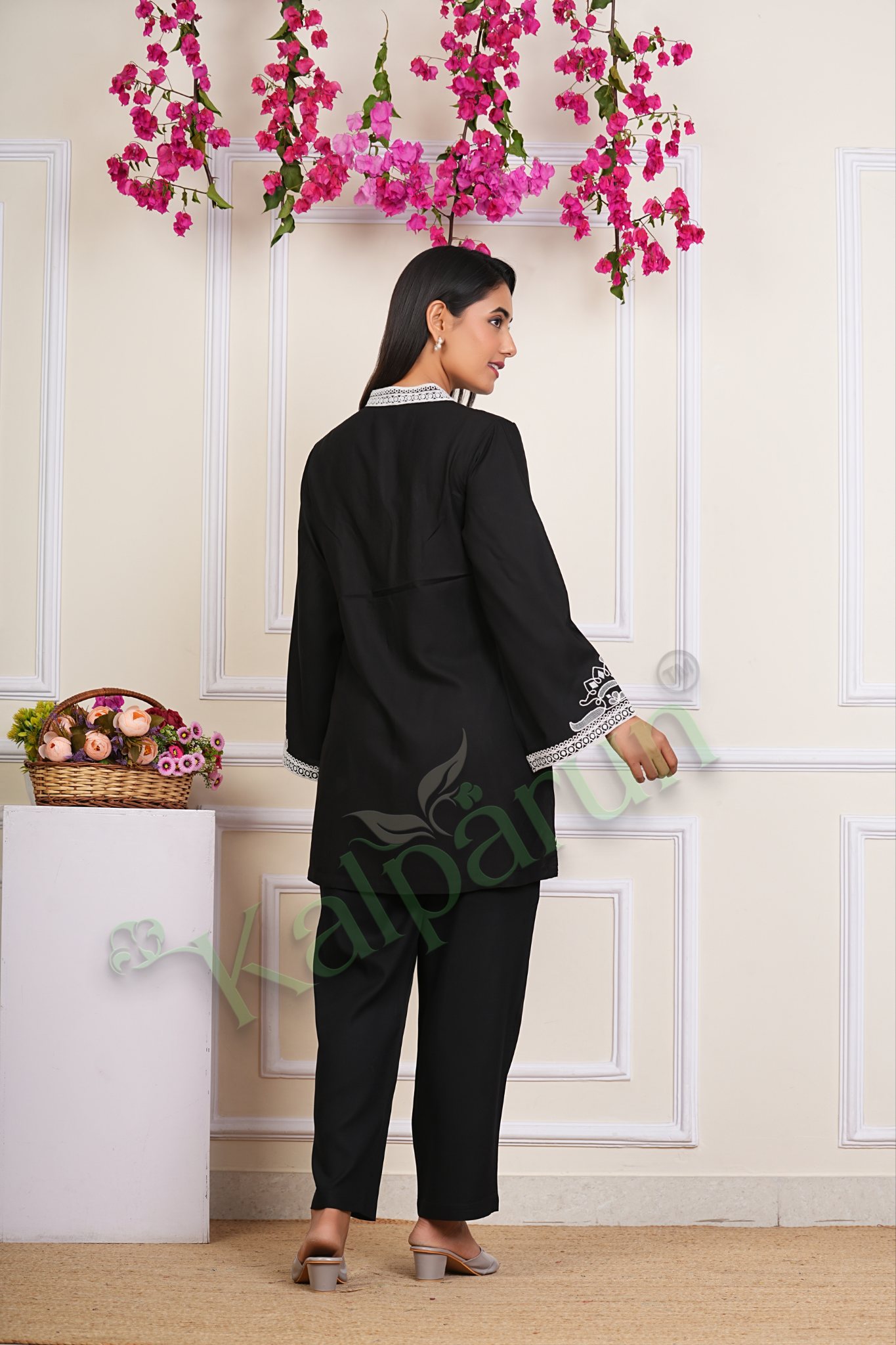 KALPARUN Women's Traditional Black Kurti Set with White Embroidery, Long Sleeve Mandarin Collar, Ethnic Wear