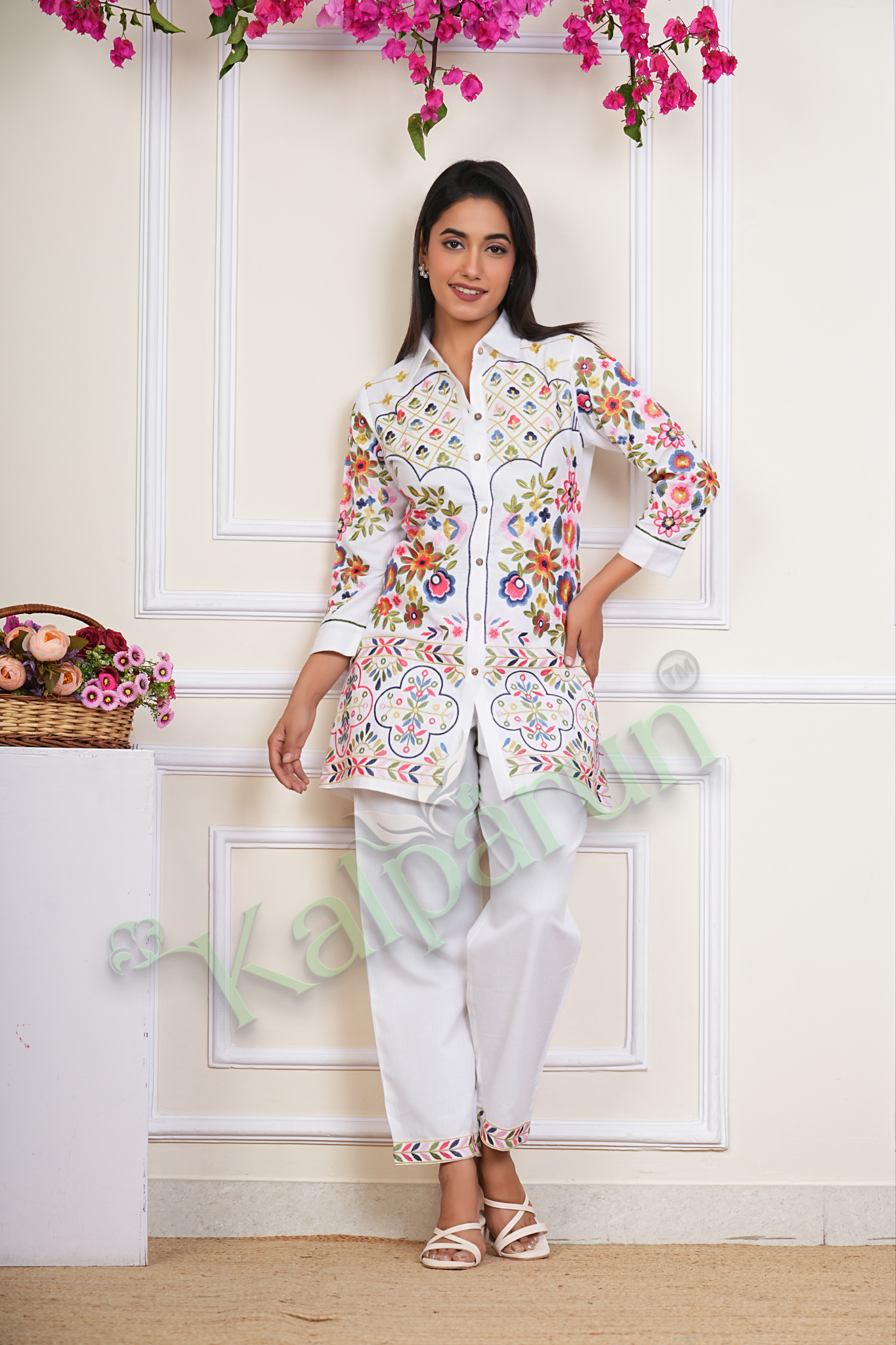 KALPARUN Women's White Cotton Kurti Set with Floral Embroidery, Full Sleeves, Button-Down Collar, Traditional Ethnic Wear