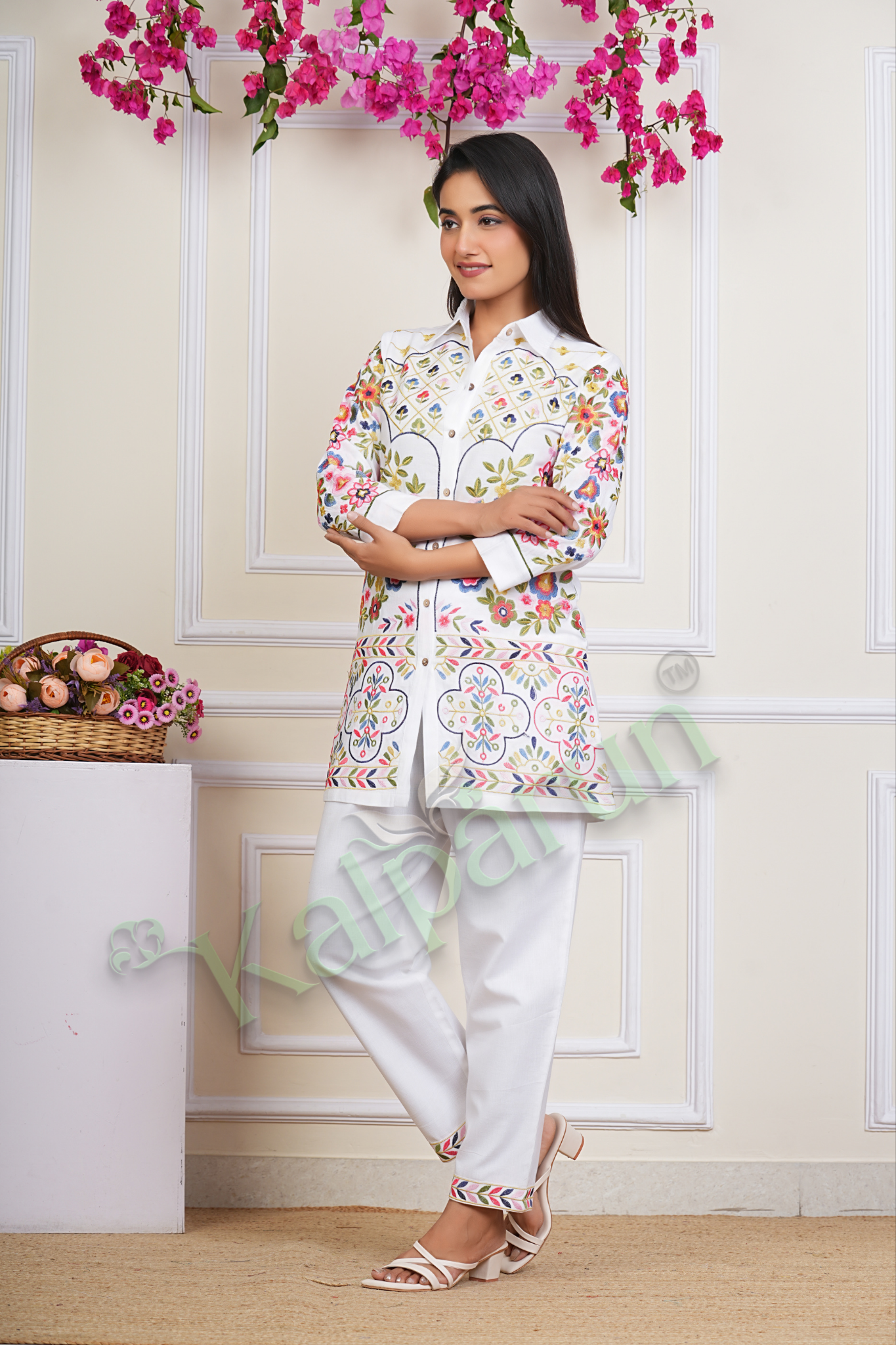 KALPARUN Women's White Cotton Kurti Set with Floral Embroidery, Full Sleeves, Button-Down Collar, Traditional Ethnic Wear