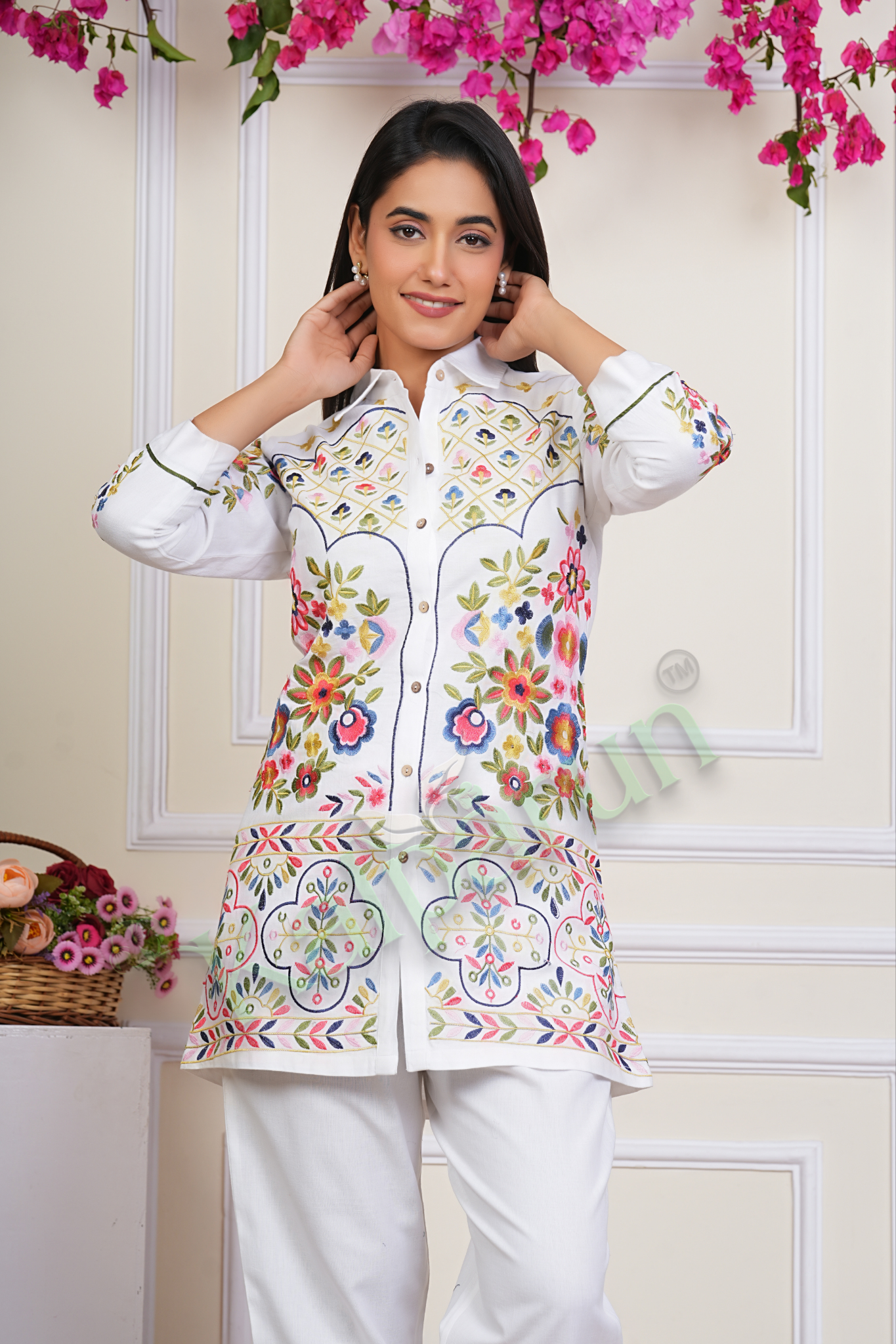 KALPARUN Women's White Cotton Kurti Set with Floral Embroidery, Full Sleeves, Button-Down Collar, Traditional Ethnic Wear