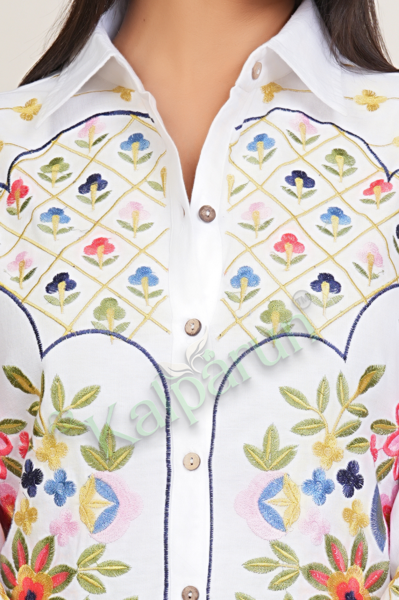 KALPARUN Women's White Cotton Kurti Set with Floral Embroidery, Full Sleeves, Button-Down Collar, Traditional Ethnic Wear