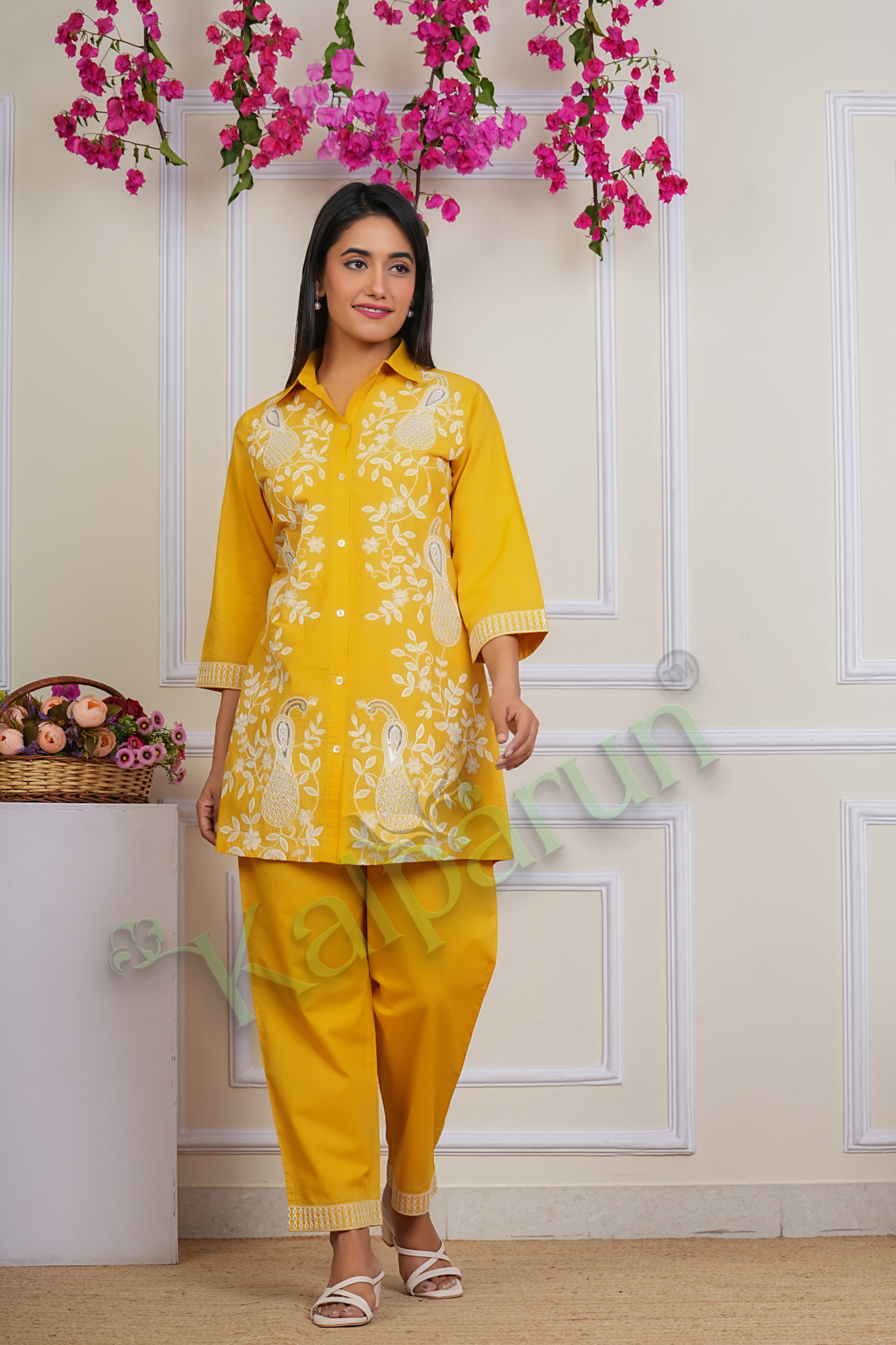 KALPARUN Women's Yellow Cotton Suit Set with White Embroidered Peacock Motif, 3/4 Sleeves, Collared