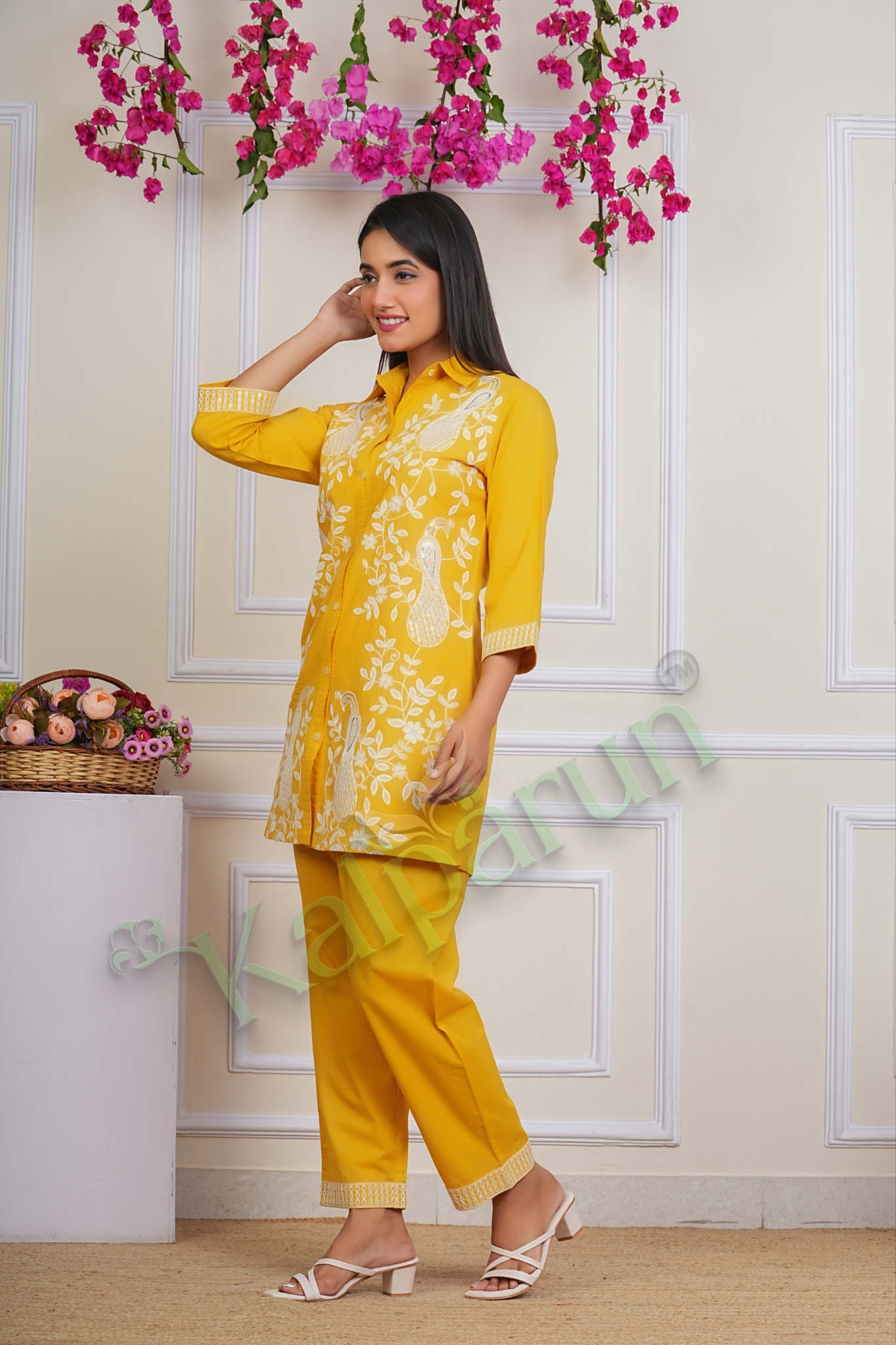 KALPARUN Women's Yellow Cotton Suit Set with White Embroidered Peacock Motif, 3/4 Sleeves, Collared