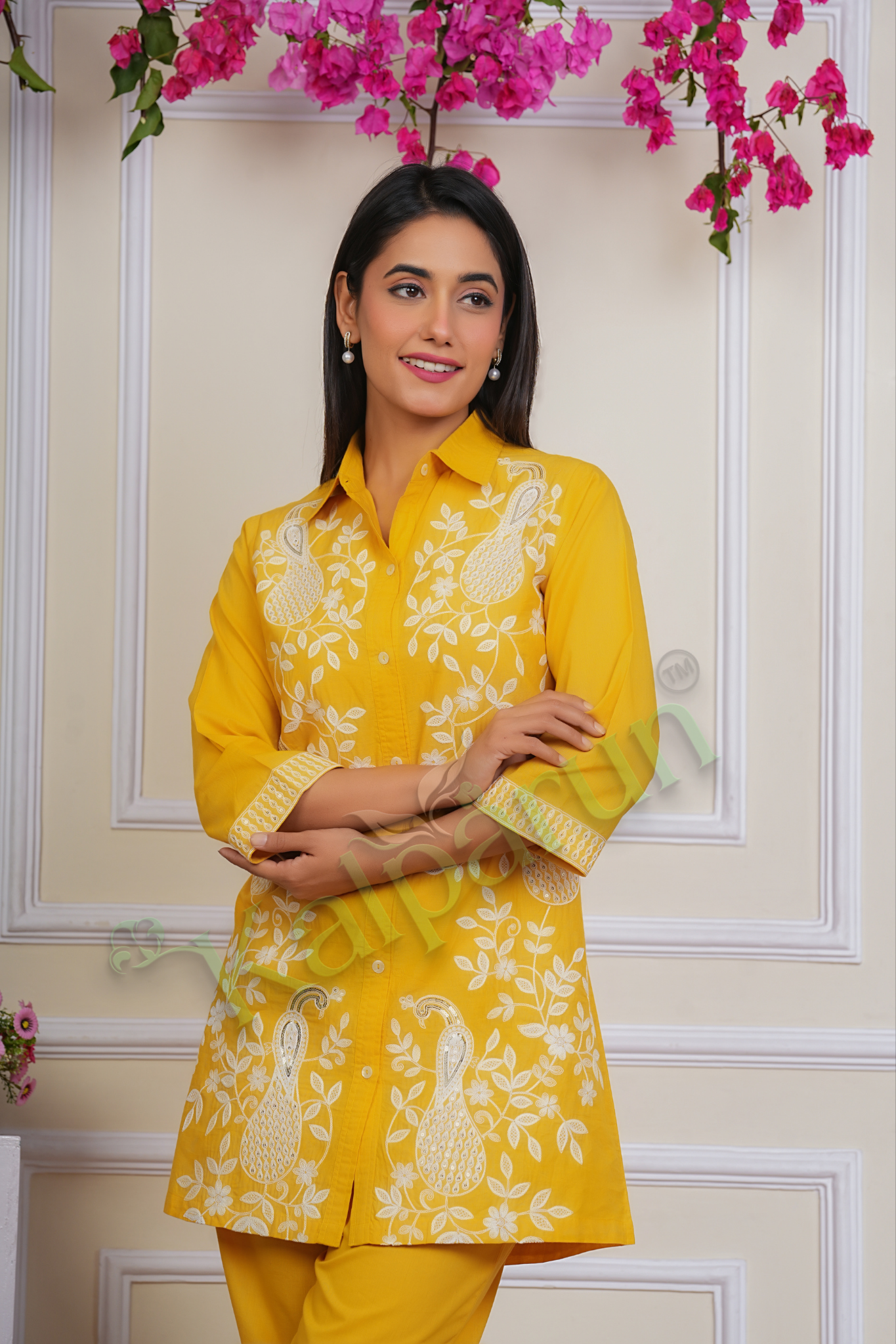KALPARUN Women's Yellow Cotton Suit Set with White Embroidered Peacock Motif, 3/4 Sleeves, Collared