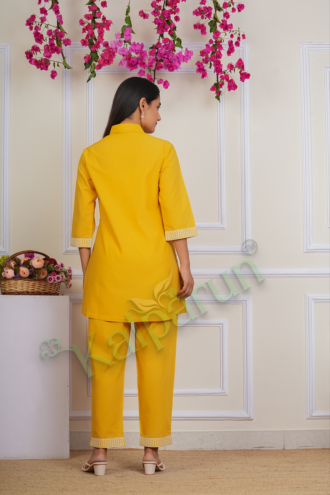 KALPARUN Women's Yellow Cotton Suit Set with White Embroidered Peacock Motif, 3/4 Sleeves, Collared