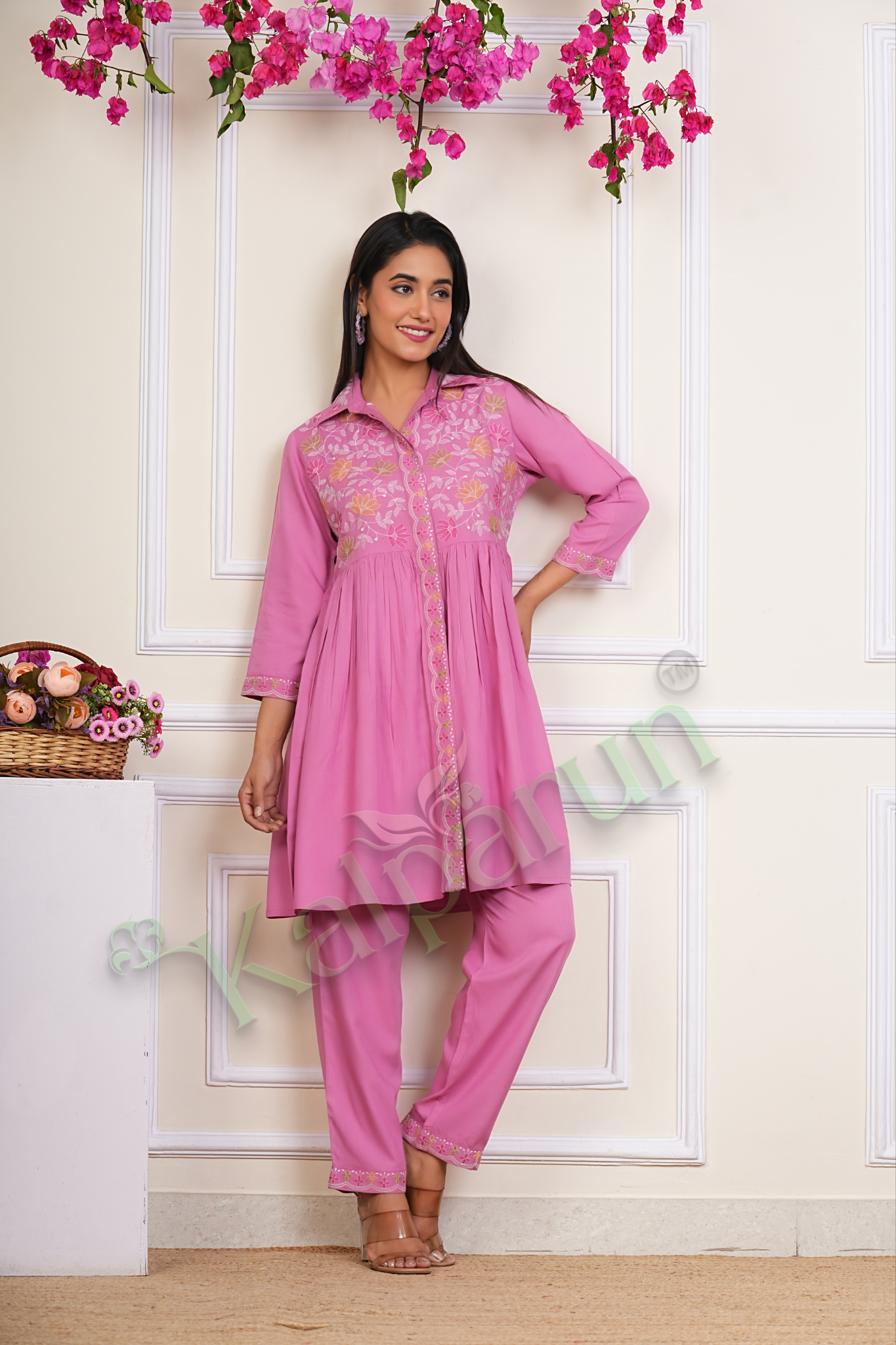 KALPARUN Pink Embroidered Cotton Kurta Pant Set, 3/4 Sleeves, Floral Design, Collared Neckline