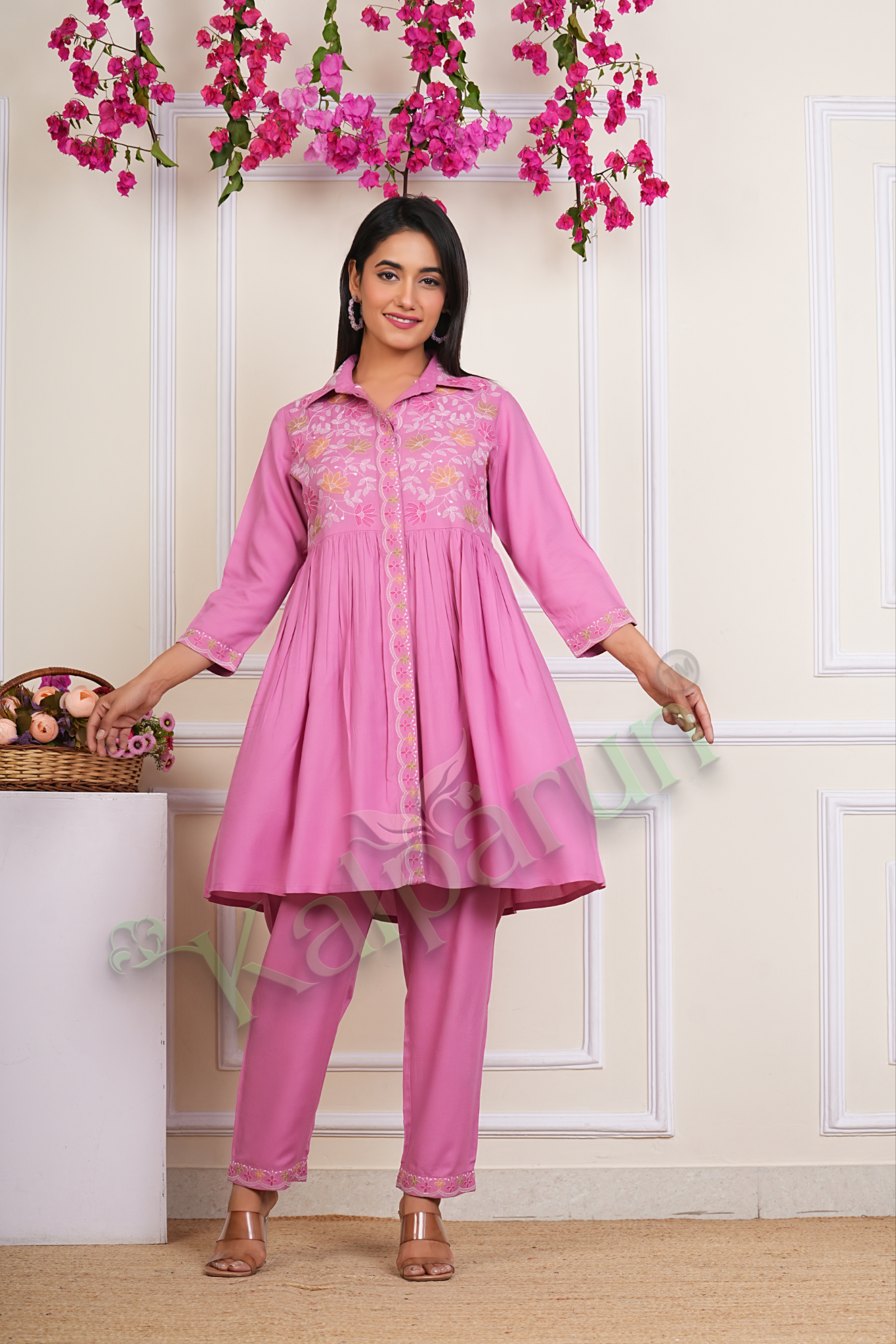 KALPARUN Pink Embroidered Cotton Kurta Pant Set, 3/4 Sleeves, Floral Design, Collared Neckline