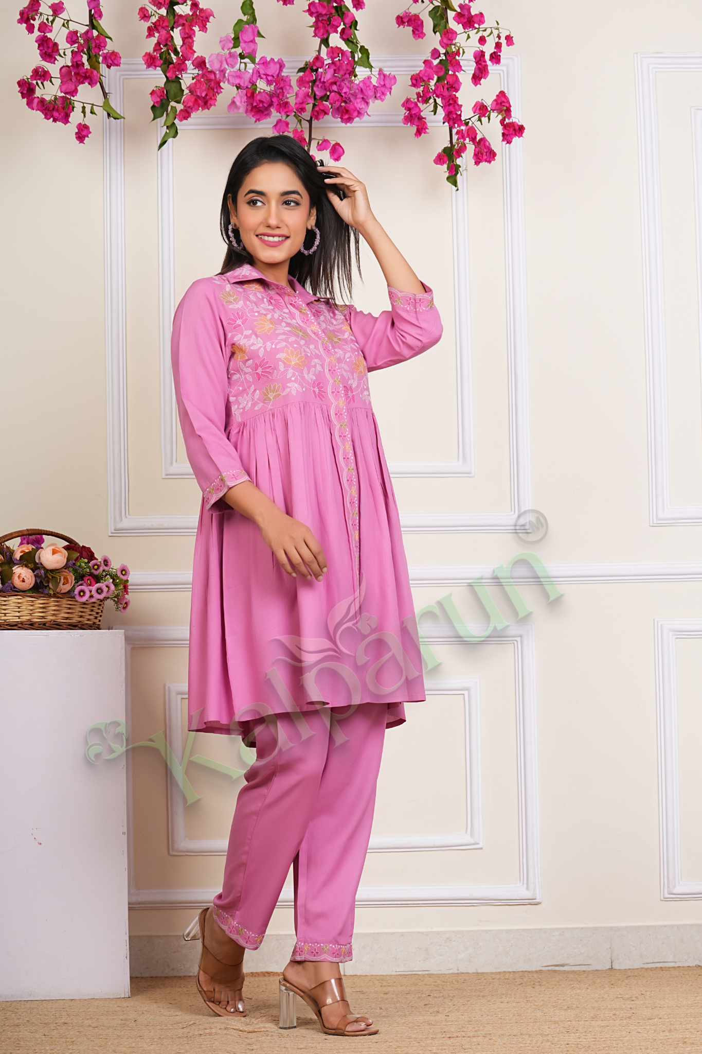 KALPARUN Pink Embroidered Cotton Kurta Pant Set, 3/4 Sleeves, Floral Design, Collared Neckline