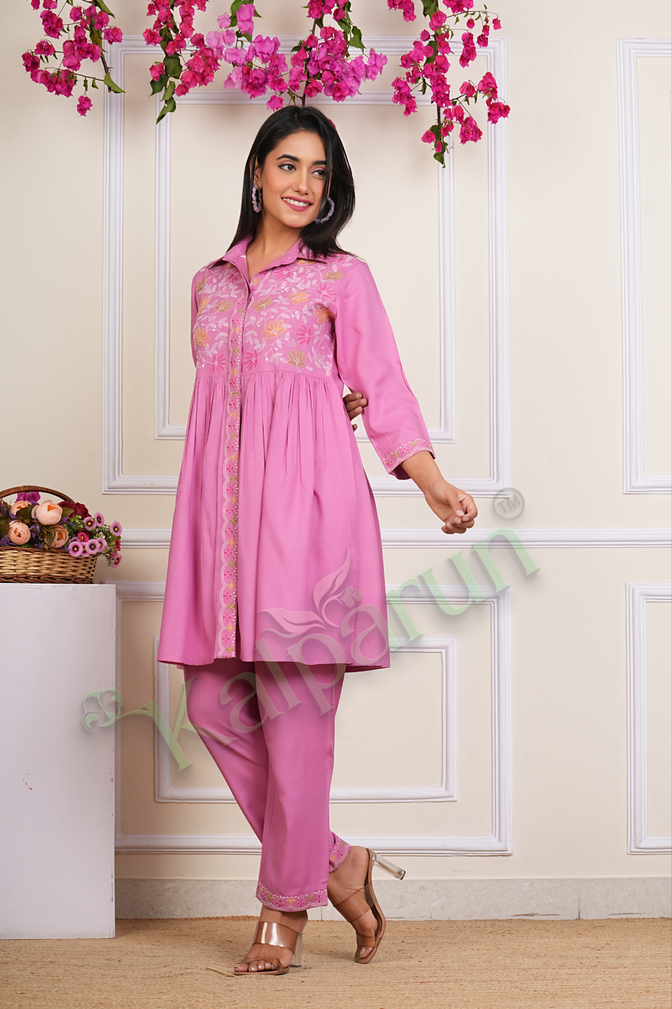 KALPARUN Pink Embroidered Cotton Kurta Pant Set, 3/4 Sleeves, Floral Design, Collared Neckline