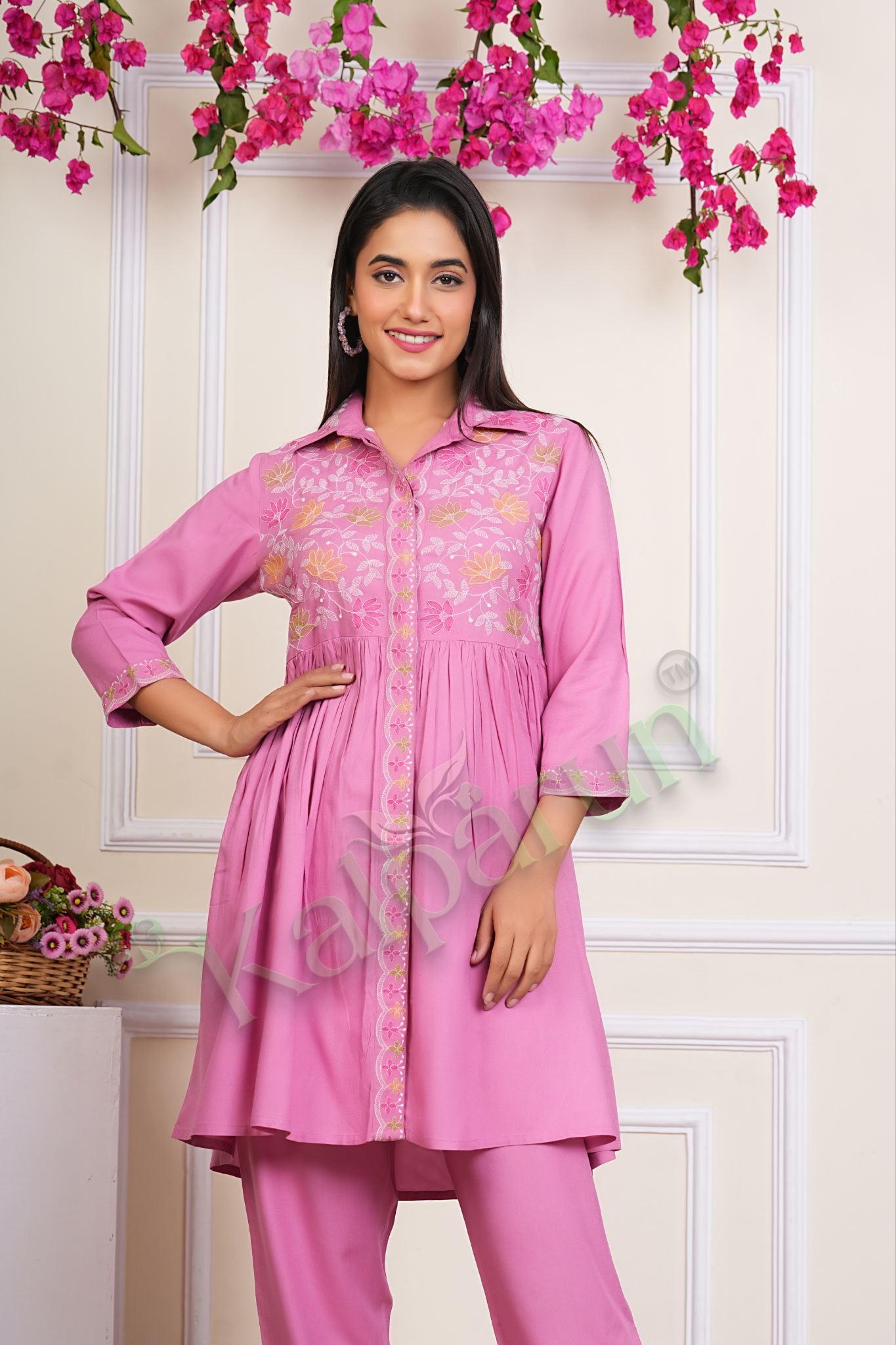 KALPARUN Pink Embroidered Cotton Kurta Pant Set, 3/4 Sleeves, Floral Design, Collared Neckline
