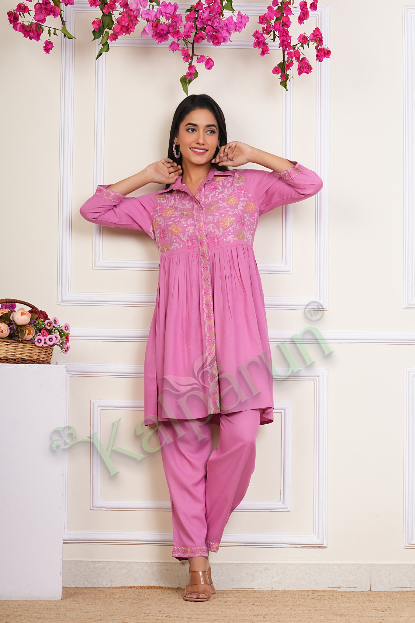 KALPARUN Pink Embroidered Cotton Kurta Pant Set, 3/4 Sleeves, Floral Design, Collared Neckline