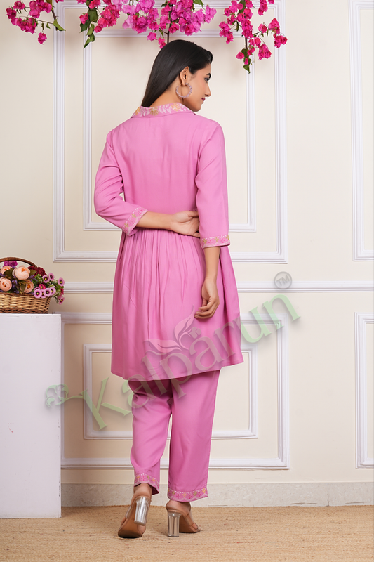 KALPARUN Pink Embroidered Cotton Kurta Pant Set, 3/4 Sleeves, Floral Design, Collared Neckline