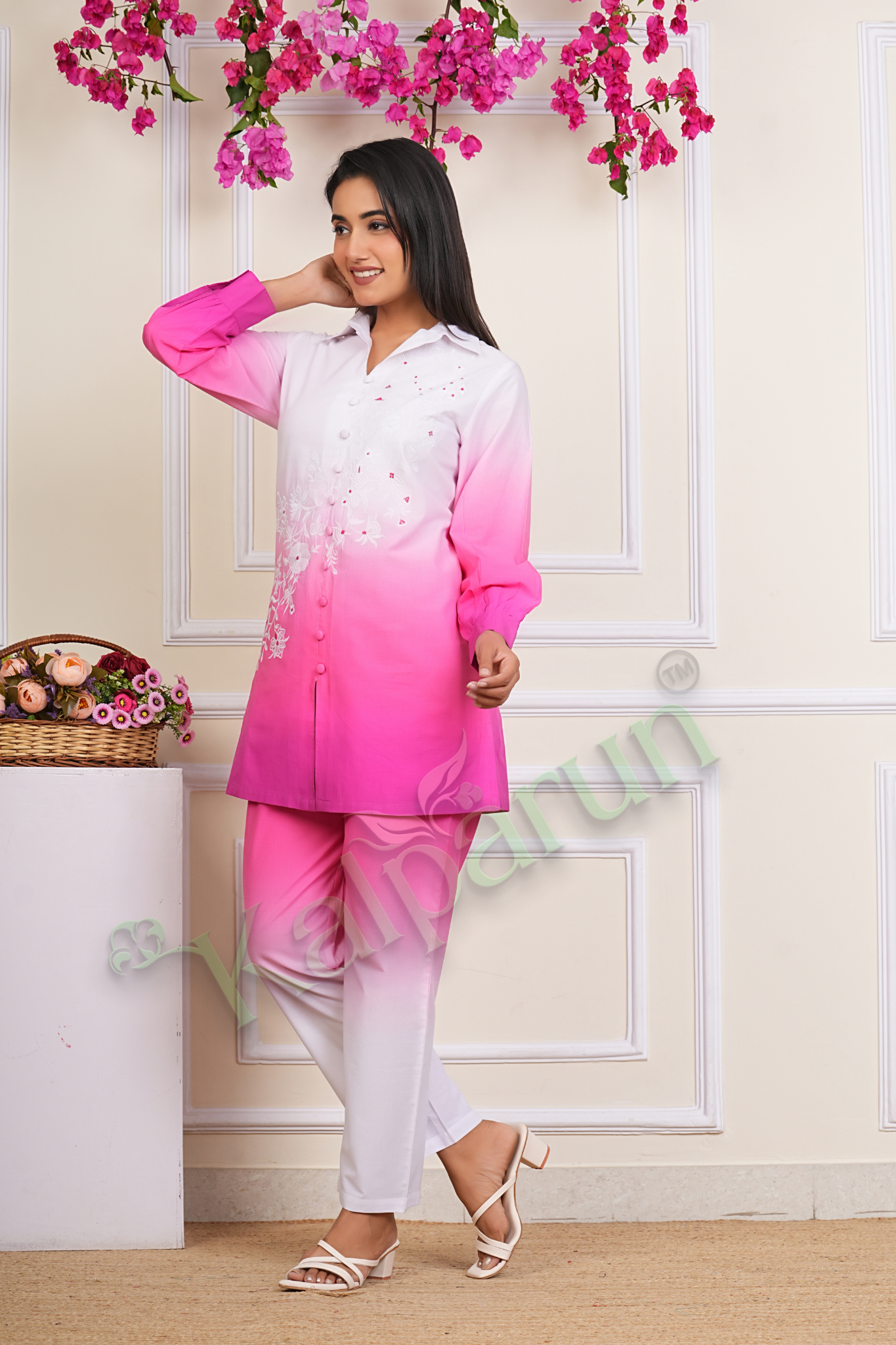 Kalparun Women's Ombre Cotton Suit Set with Floral Embroidery, White to Pink Gradient, Button-Down Tunic with Pants